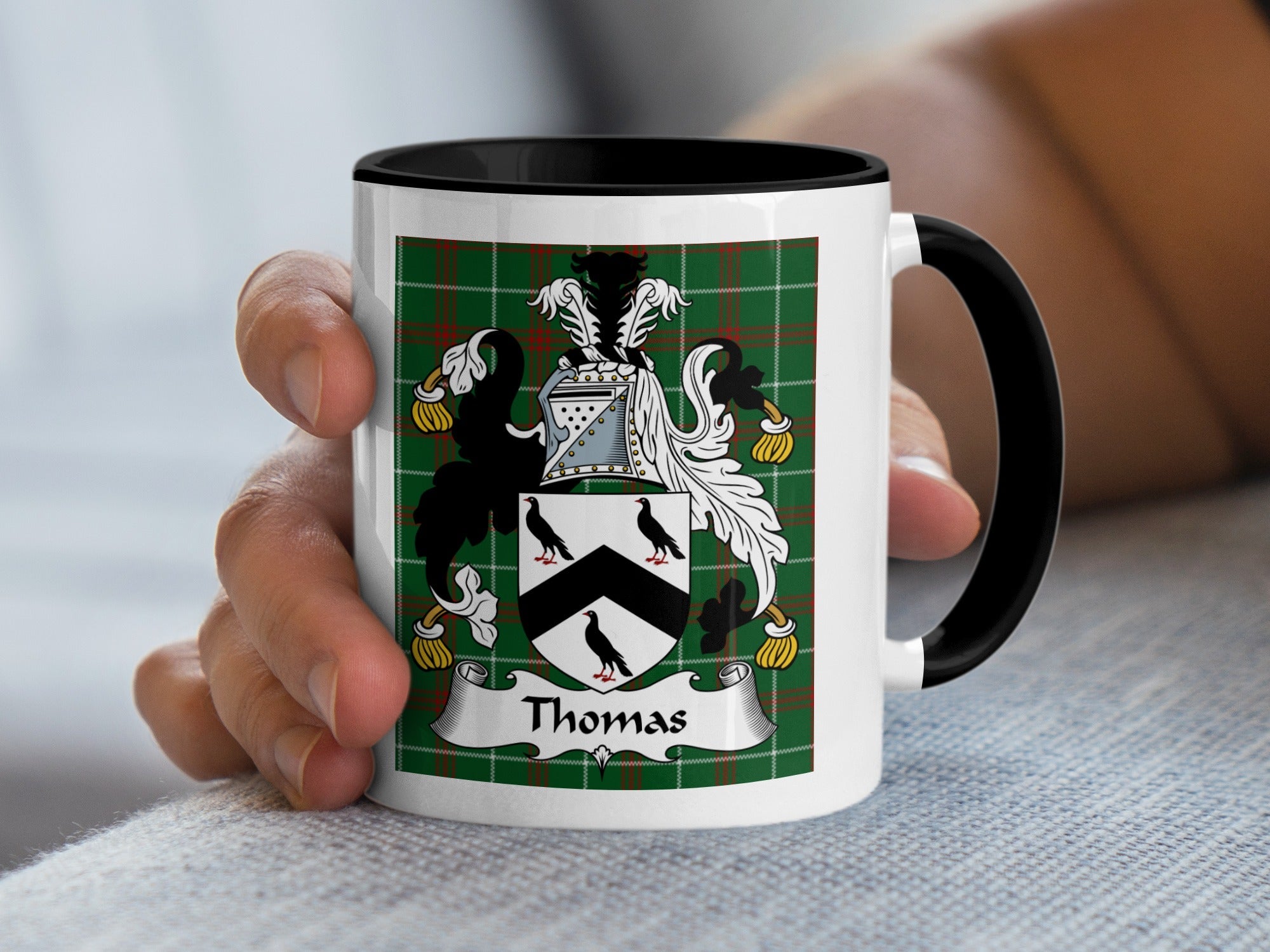 Thomas Welsh Coat of Arms Accent Mug with black handle and crest on Welsh National Tartan – family heritage gift