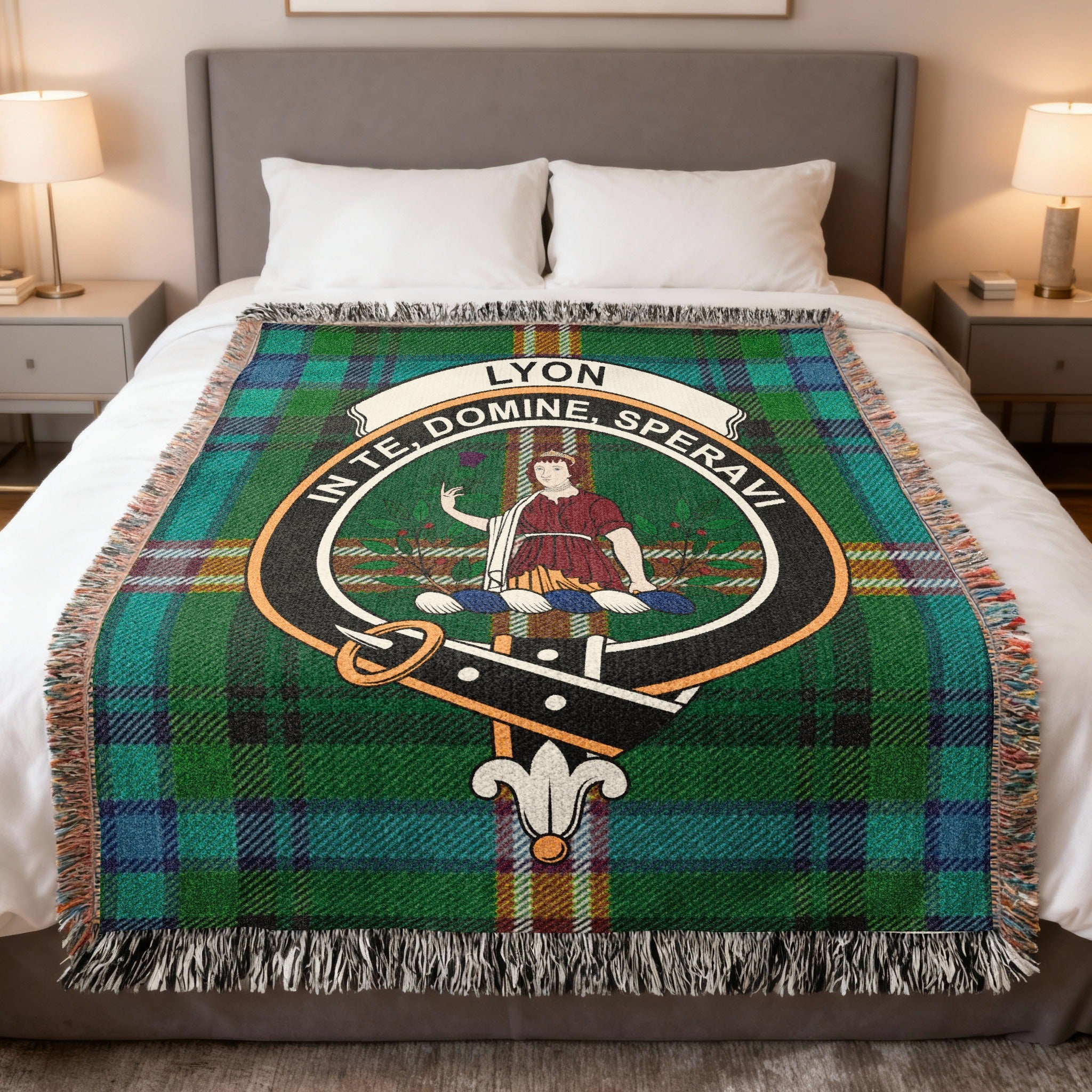Clan Lyon tartan woven blanket — celebrating the history, motto In Thee O Lord I Trust, and Angus origins of the Lyon family of Glamis