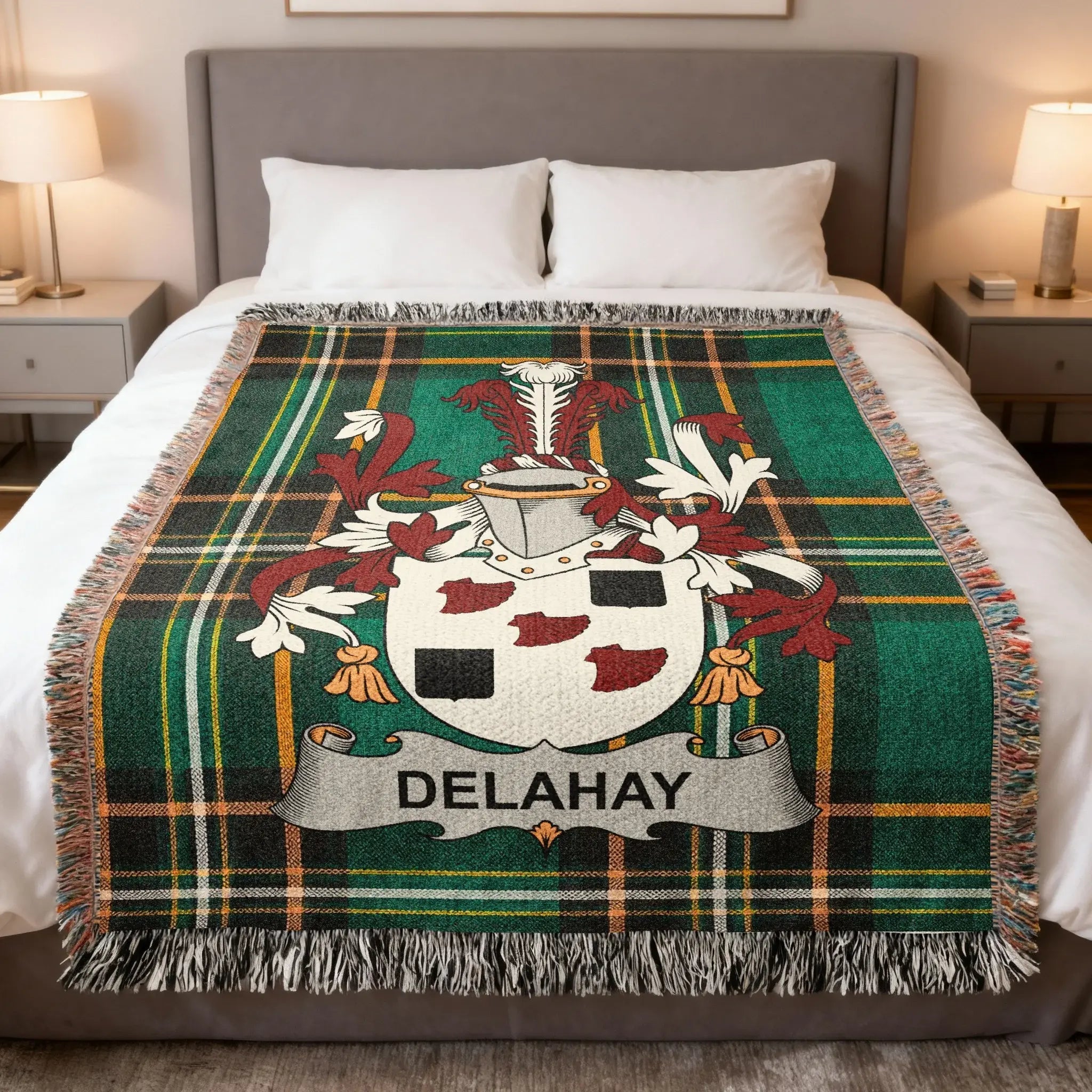 Delahay family woven blanket with a family crest on Irish tartan, celebrating Delahay Norman heritage