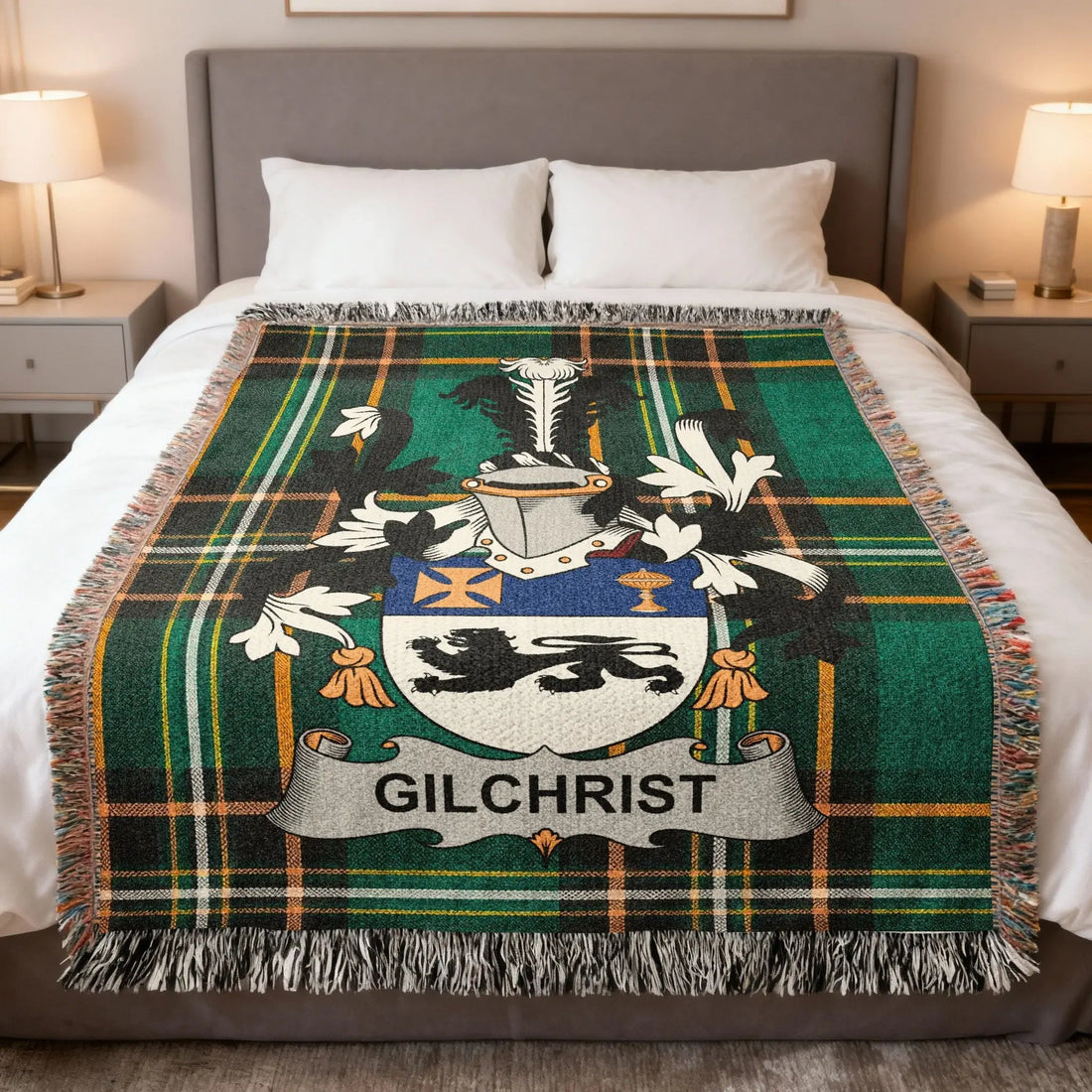 Gilchrist Irish heritage woven blanket with family crest tartan design