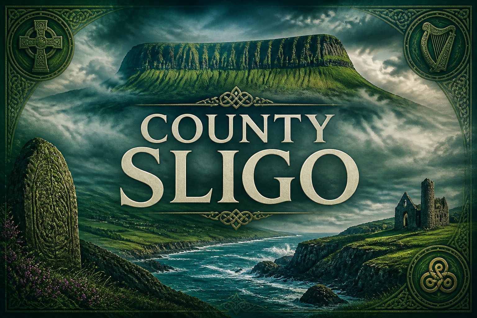 Ben Bulben flat-topped mountain above the Atlantic coastline with abbey ruins and standing stone, County Sligo, Ireland — Celtic Ancestry Gifts
