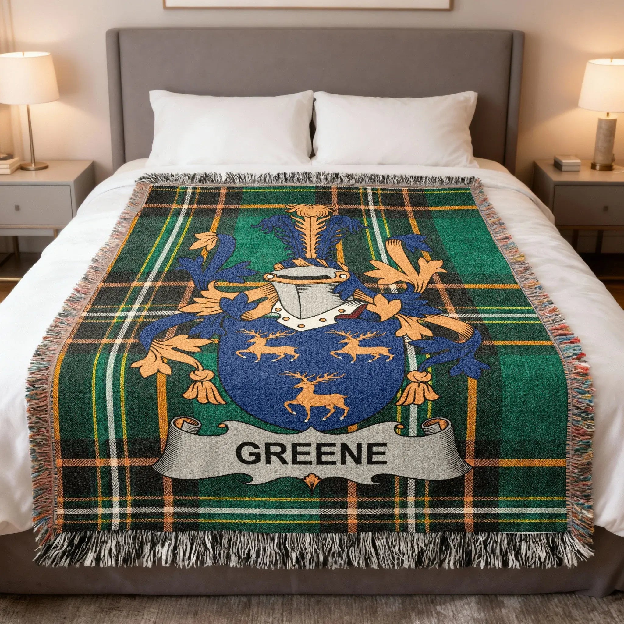 Greene family woven blanket with a family crest on Irish tartan, celebrating Greene Irish heritage