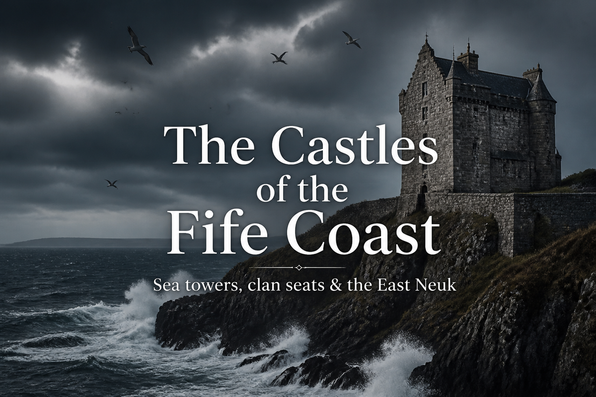 A Scottish tower house castle on a clifftop above crashing North Sea waves under a stormy sky with seabirds above — The Castles of the Fife Coast — sea towers clan seats and the East Neuk heritage landscape of the Kingdom of Fife