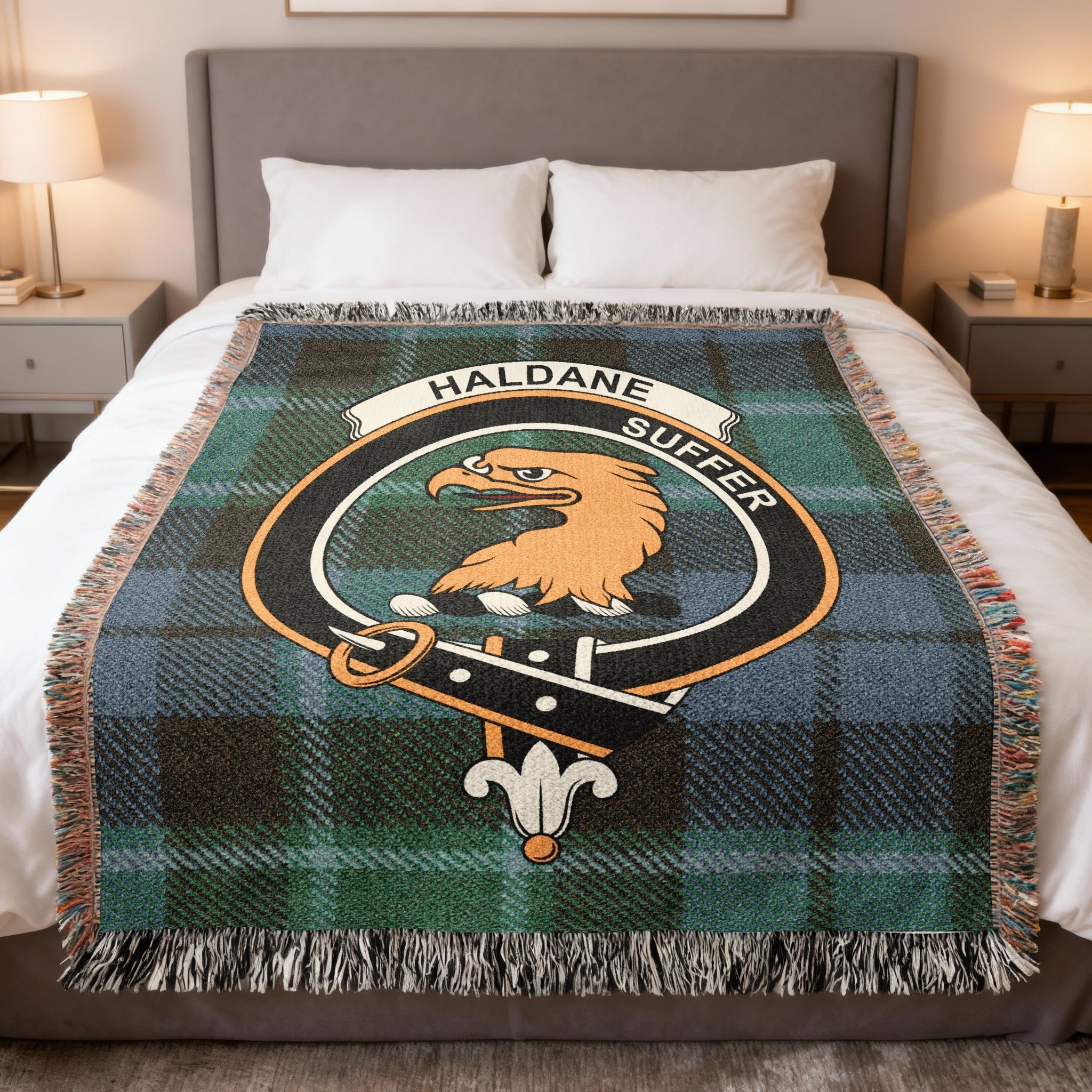 Clan Haldane tartan woven blanket — a gift celebrating the history, motto Suffer, and origins of one of Scotland's ancient Perthshire families