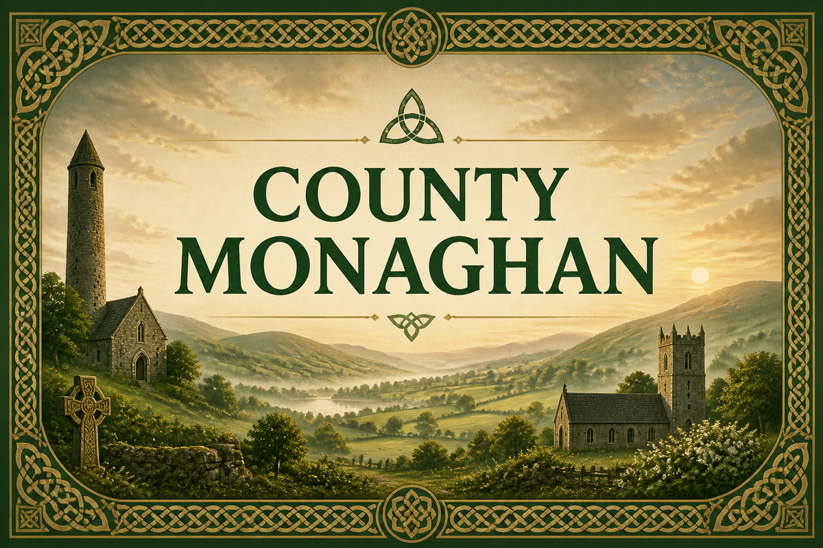 Round tower and medieval church with Celtic cross in a gentle drumlin valley at golden sunrise, County Monaghan, Ireland — Celtic Ancestry Gifts