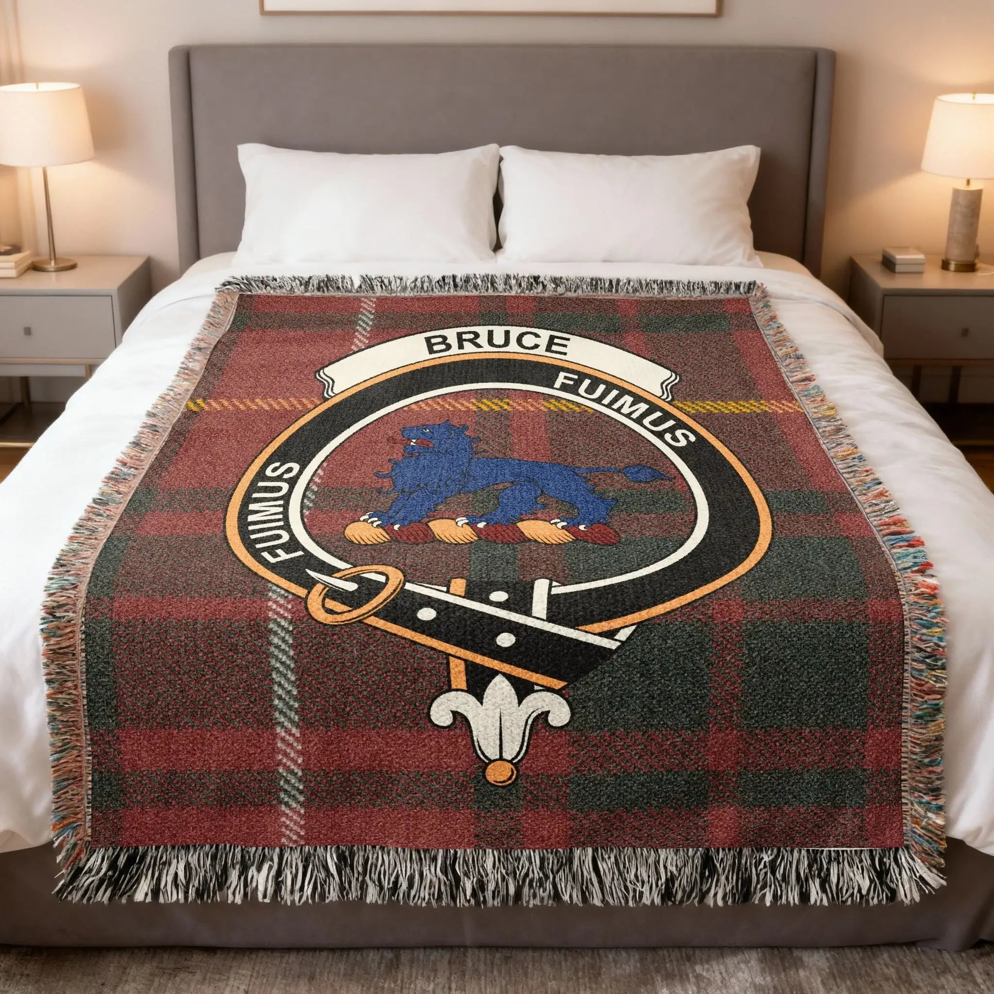 Bruce clan Scottish tartan woven blanket representing the legacy of Robert the Bruce and the motto Fuimus