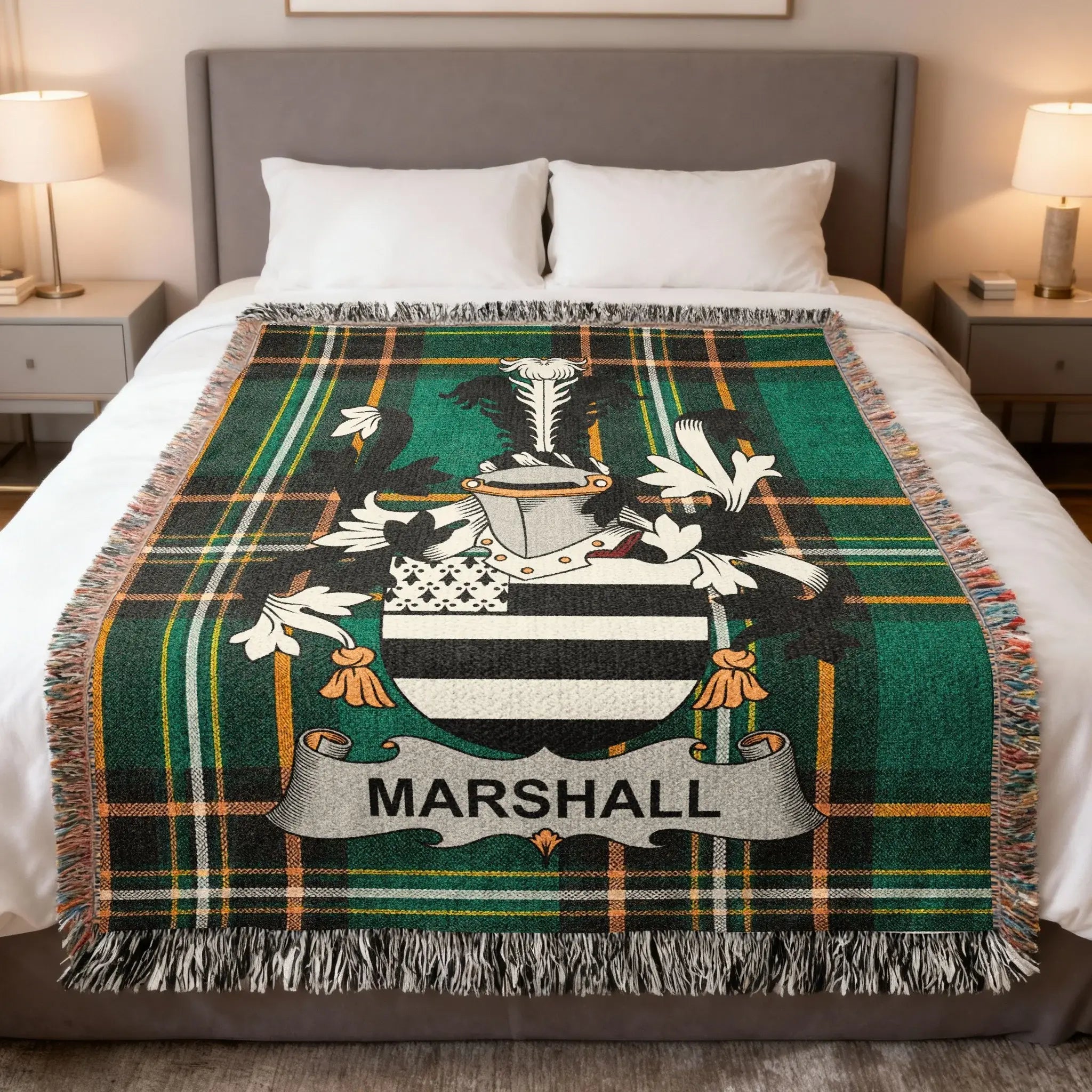 Marshall family crest tartan woven blanket, a heritage gift for the Marshall family