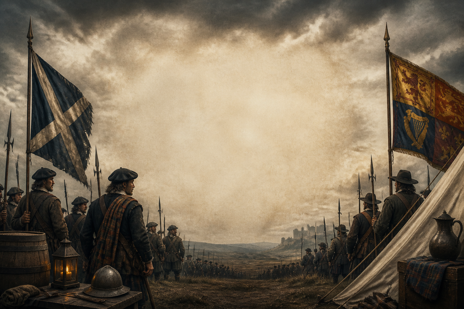 A Covenanter army with saltire banners, representing the Bishops' Wars of 1639 to 1640.