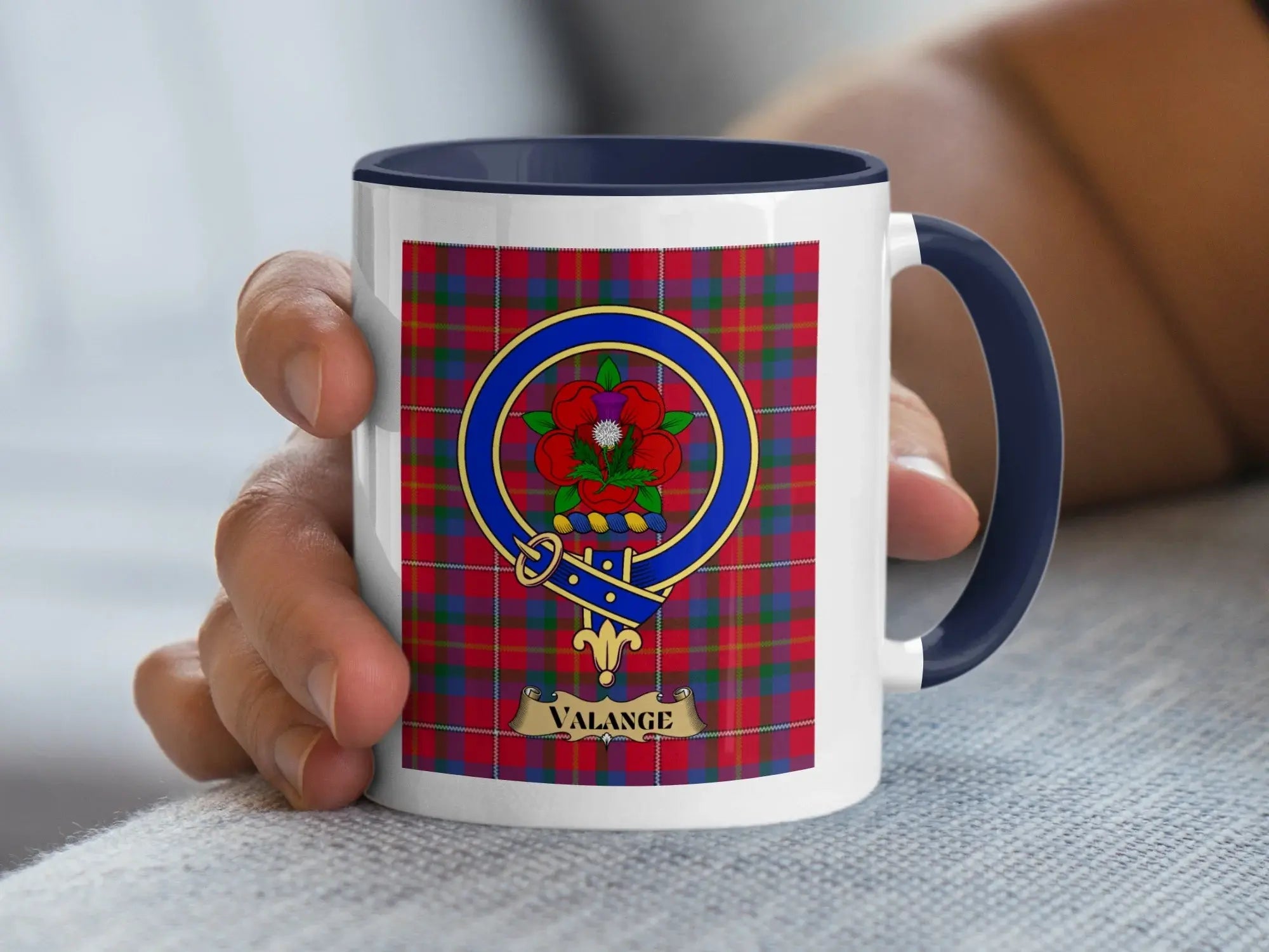 Valange heritage mug printed with the family crest above a woven tartan background, a keepsake for a rare Norman-derived name