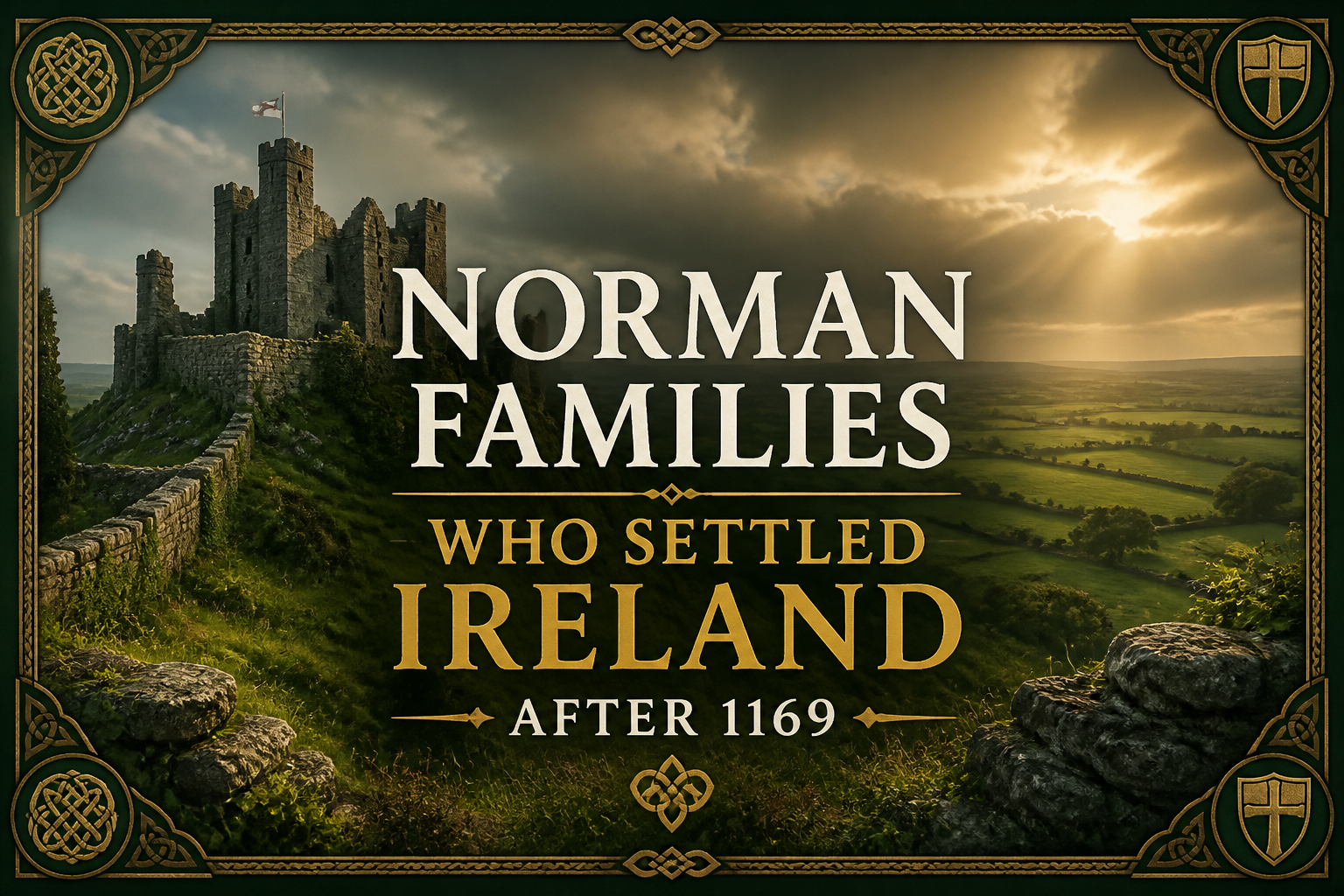 Medieval Norman stone castle keep and fortified walls overlooking the Irish countryside, legacy of the Norman families who settled Ireland after 1169 — Celtic Ancestry Gifts