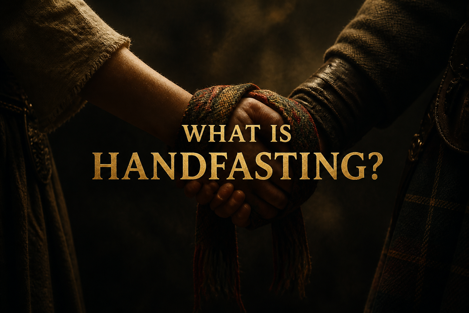 Two hands clasped and bound with a woven tartan cord in warm candlelight, the Celtic handfasting custom