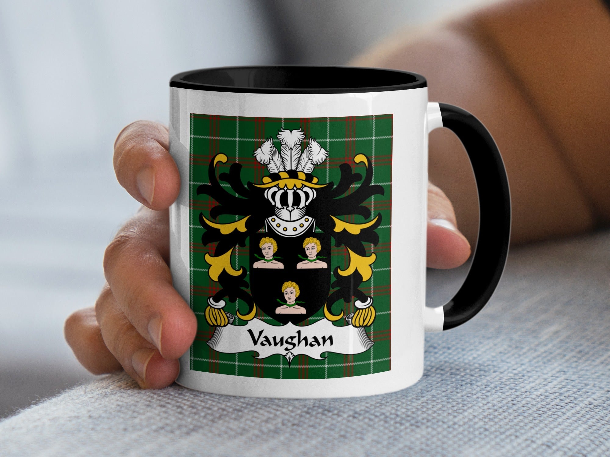 Vaughan Welsh Coat of Arms Accent Mug with black handle and family crest on Welsh National Tartan – family heritage gift