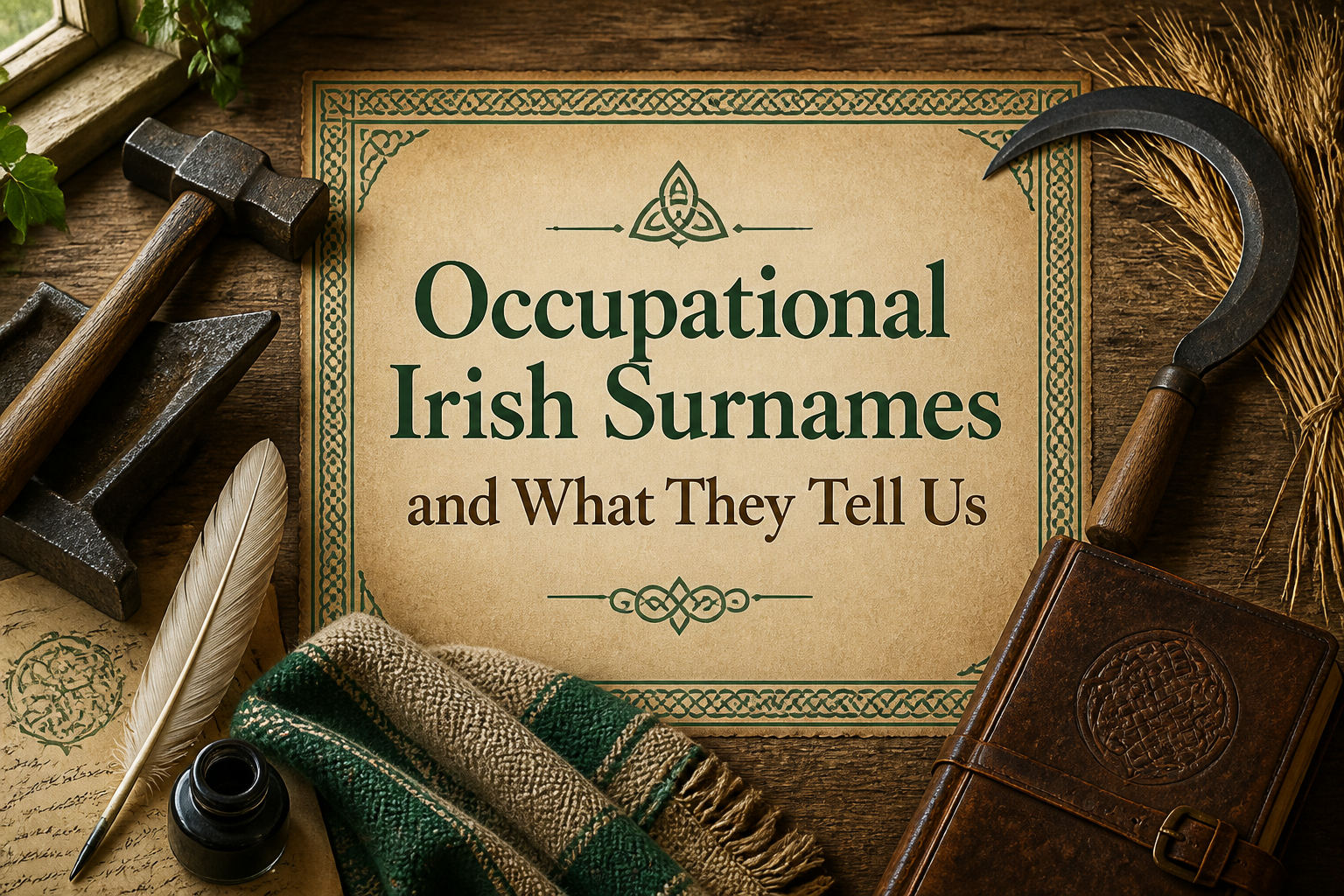 An ancient Gaelic craftsman's tools and illuminated manuscript page beside a medieval Irish forge, representing the hereditary occupational surnames of Ireland such as MacGowan, Ward and MacNamara — Celtic Ancestry Gifts