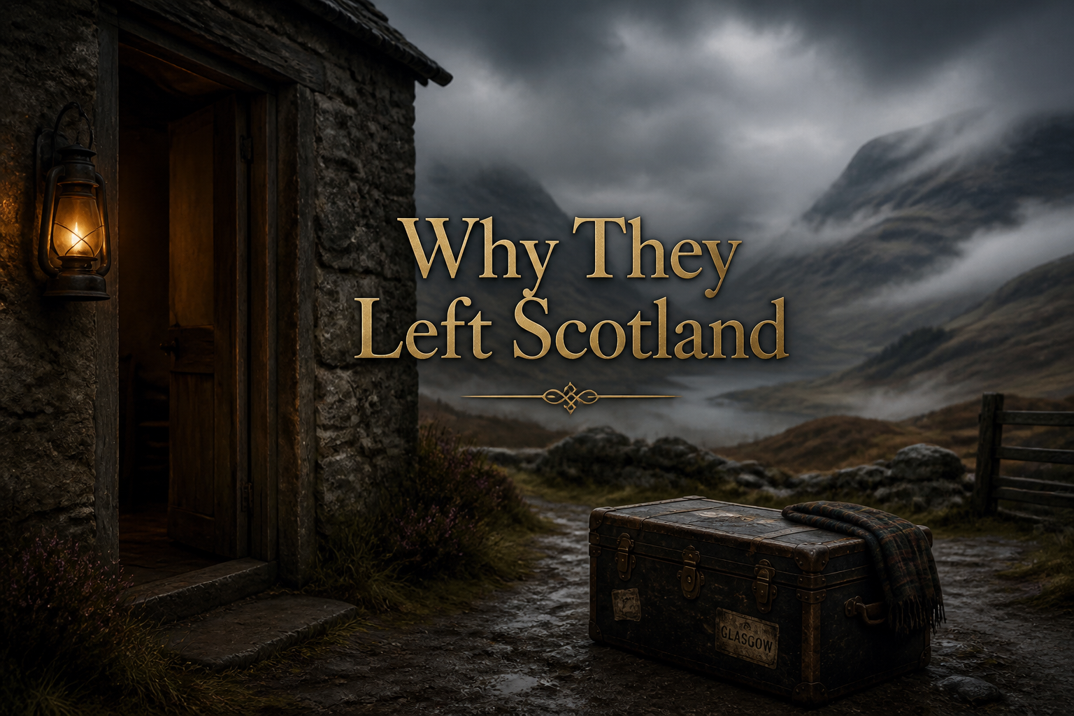 Empty Highland croft doorway with a lit lantern and a packed trunk on a misty glen path, evoking why Scots left home