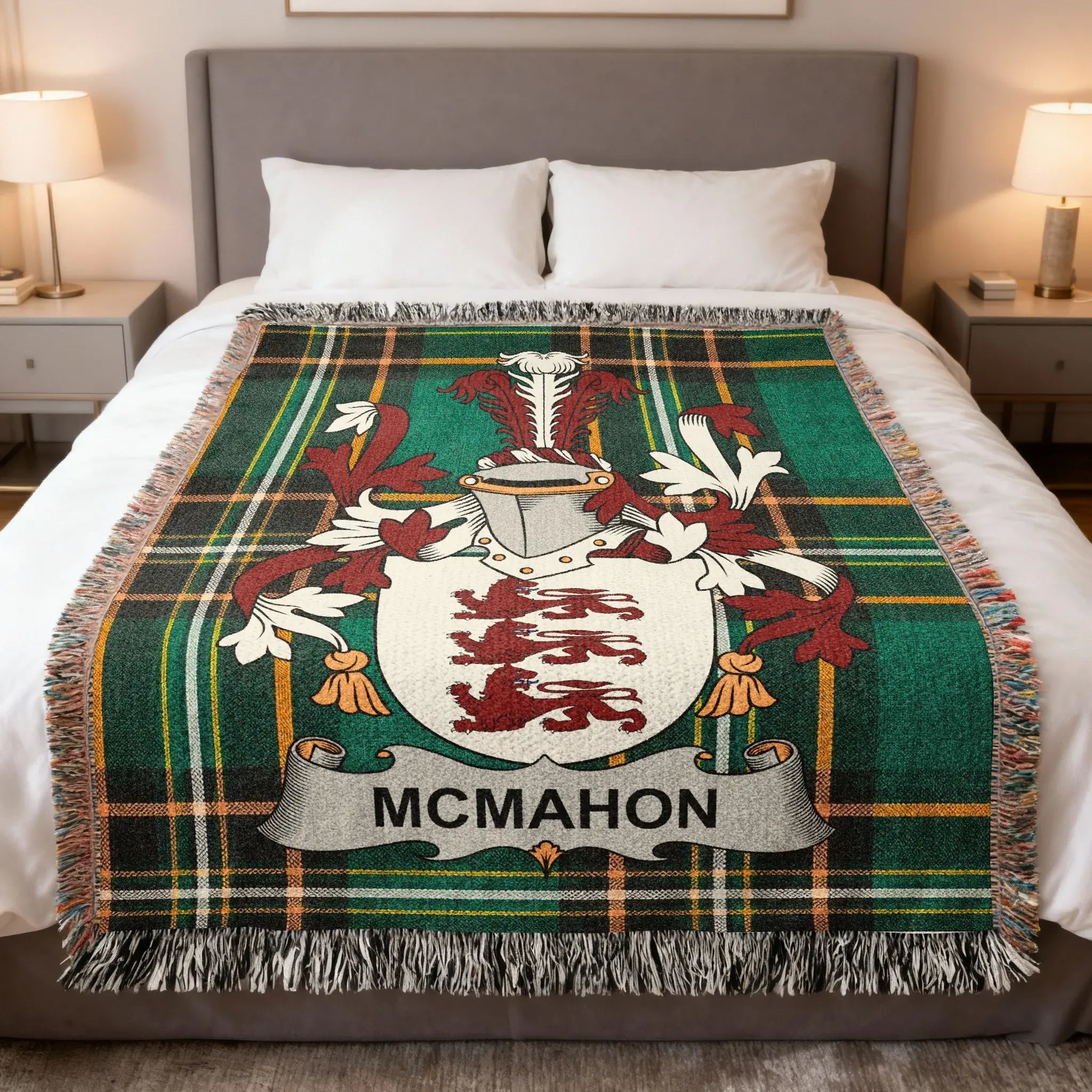 McMahon Irish heritage surname woven blanket — celebrating the history, origins, and Mac Mathghamhna heritage of one of Ulster's most powerful Gaelic royal dynasties