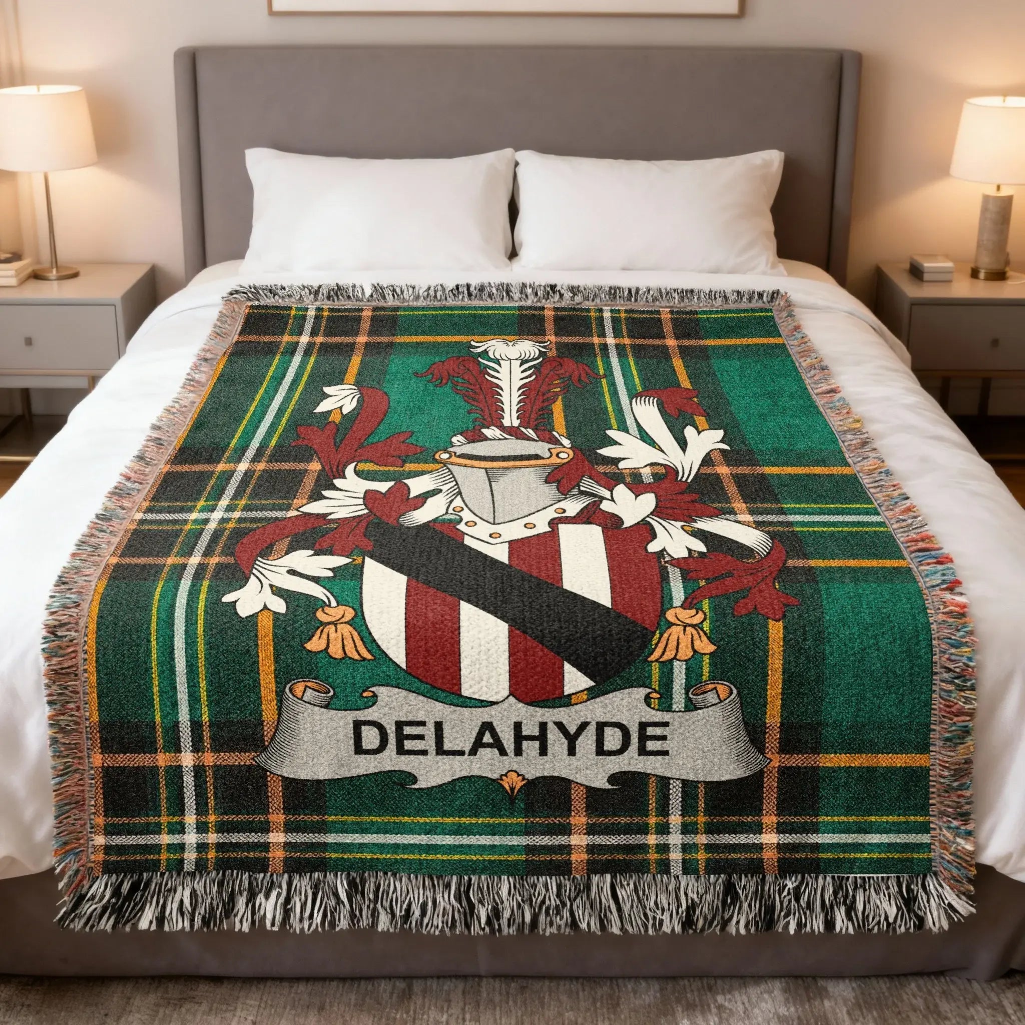 Delahyde family woven blanket with a family crest on Irish tartan, celebrating Delahyde Pale Norman heritage
