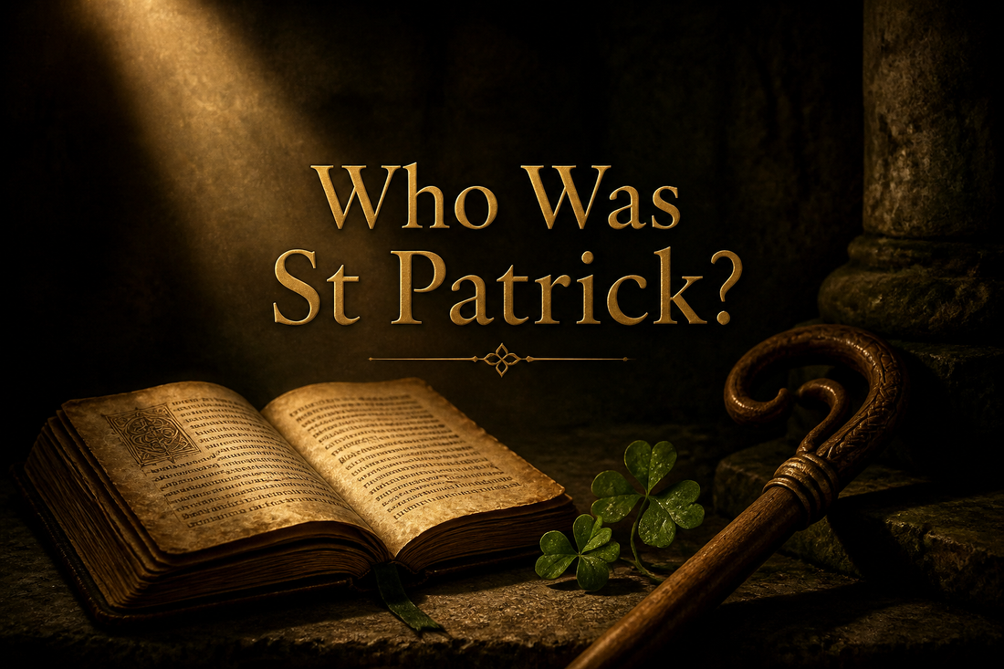 Open weathered manuscript, a bishop's crook and a sprig of shamrock on stone lit by a shaft of light, the real story of St Patrick