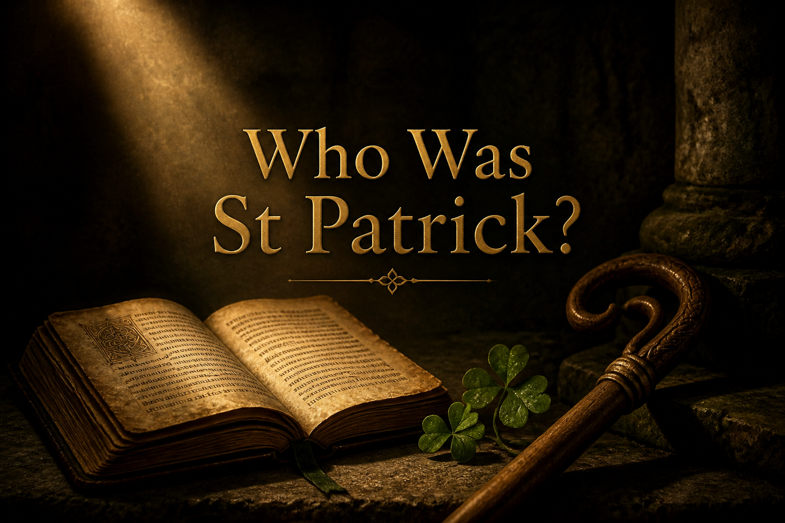 Open weathered manuscript, a bishop's crook and a sprig of shamrock on stone lit by a shaft of light, the real story of St Patrick