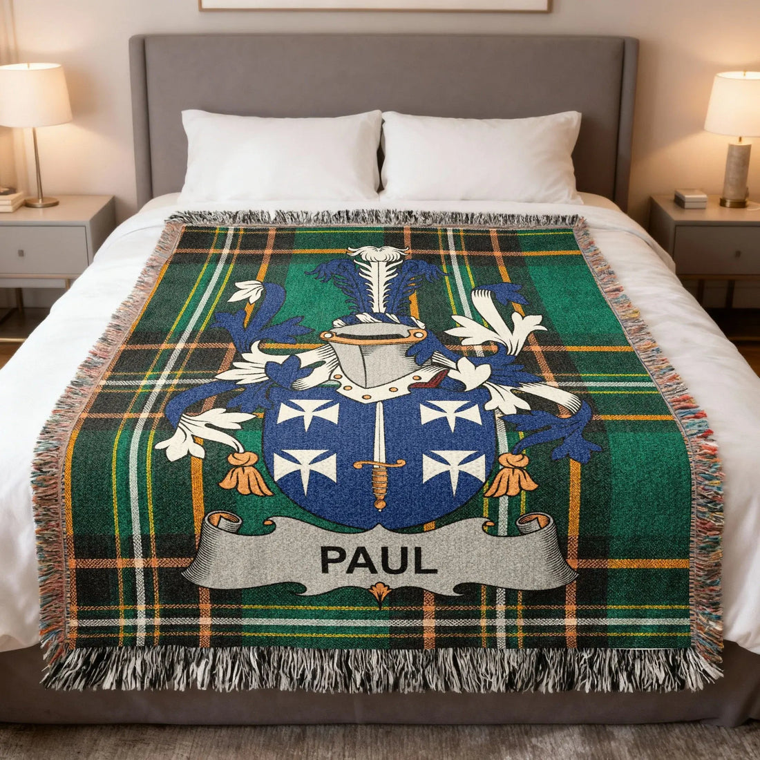 Paul family crest woven blanket with Irish national tartan