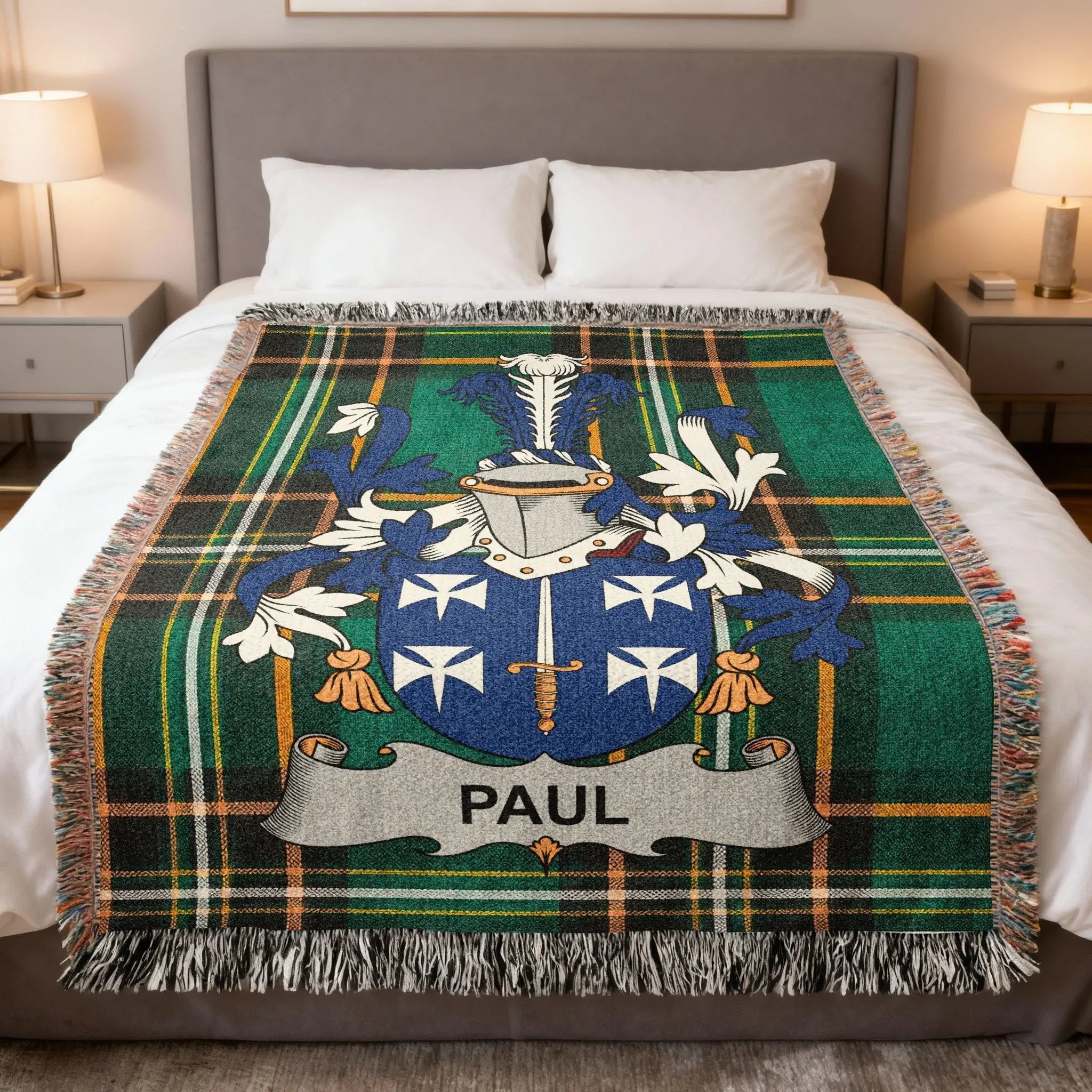 Paul family crest woven blanket with Irish national tartan