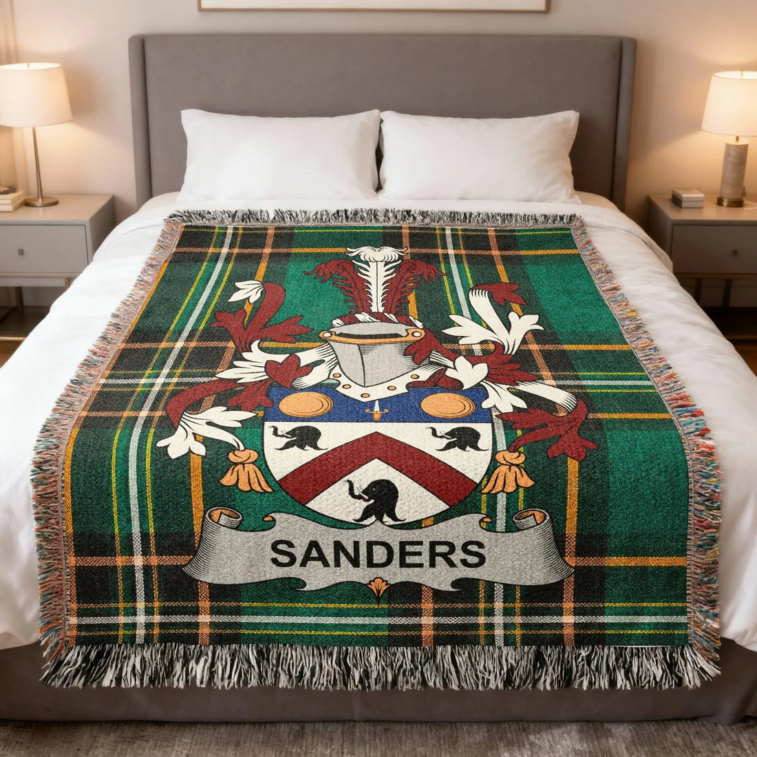 Sanders family name woven blanket with Irish national tartan pattern