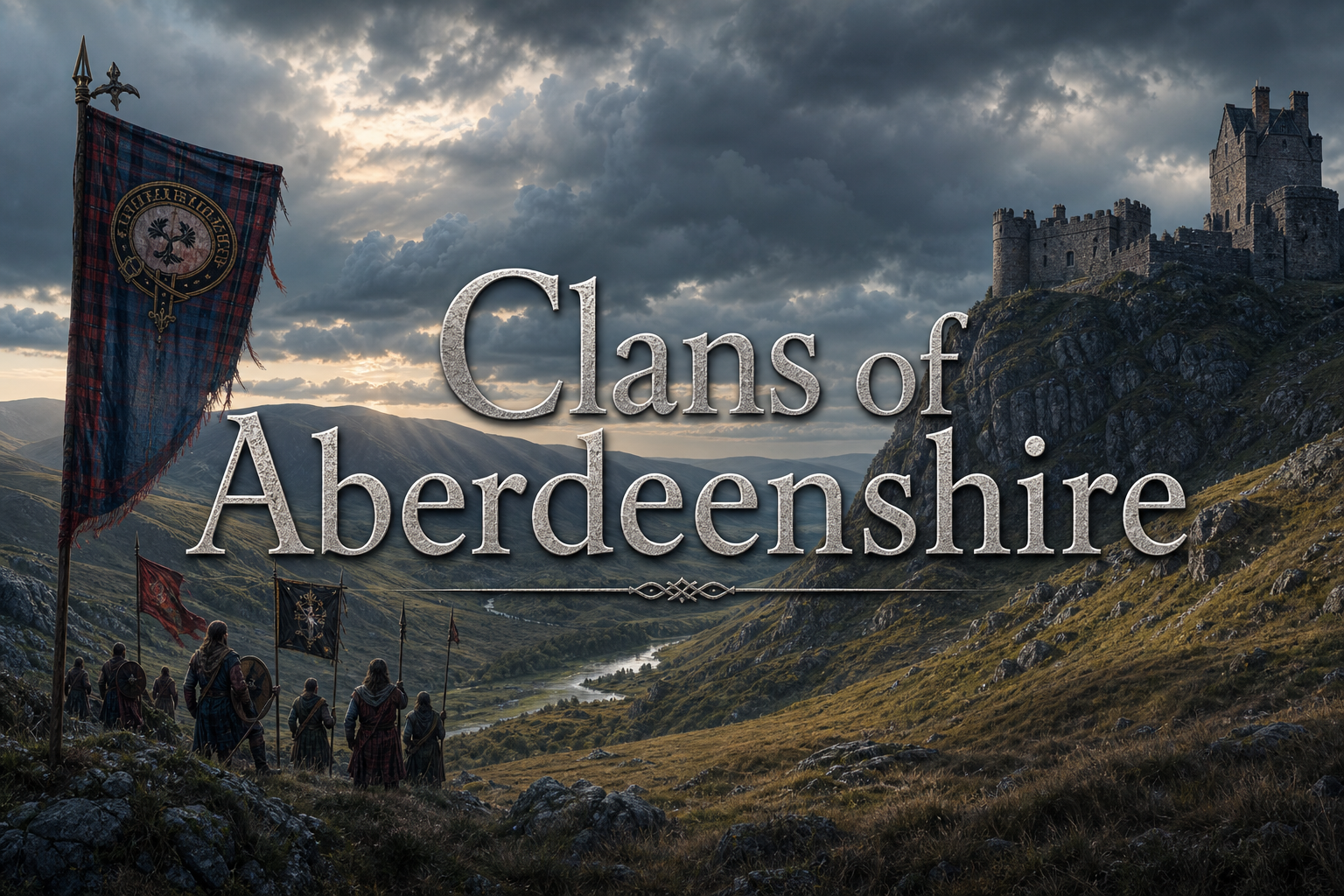 Aberdeenshire and northeast Scottish clans shown with granite castles, rolling hills, noble families, and regional heritage