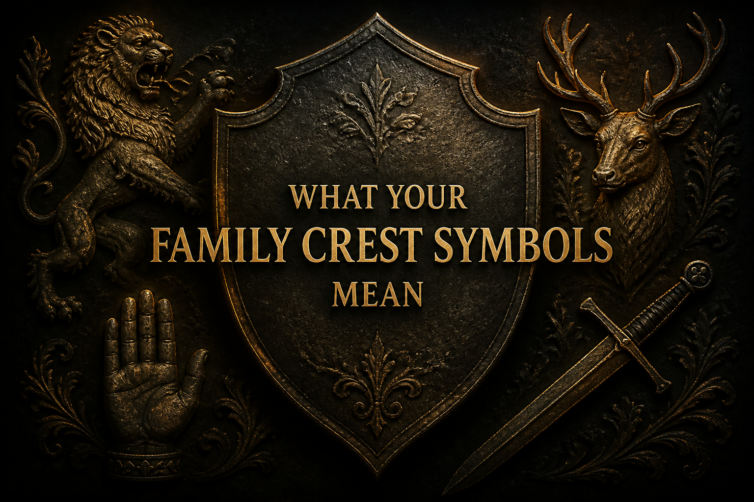 What family crest symbols mean — heraldic shield flanked by a gold lion, stag's head, open hand and sword on a dark background