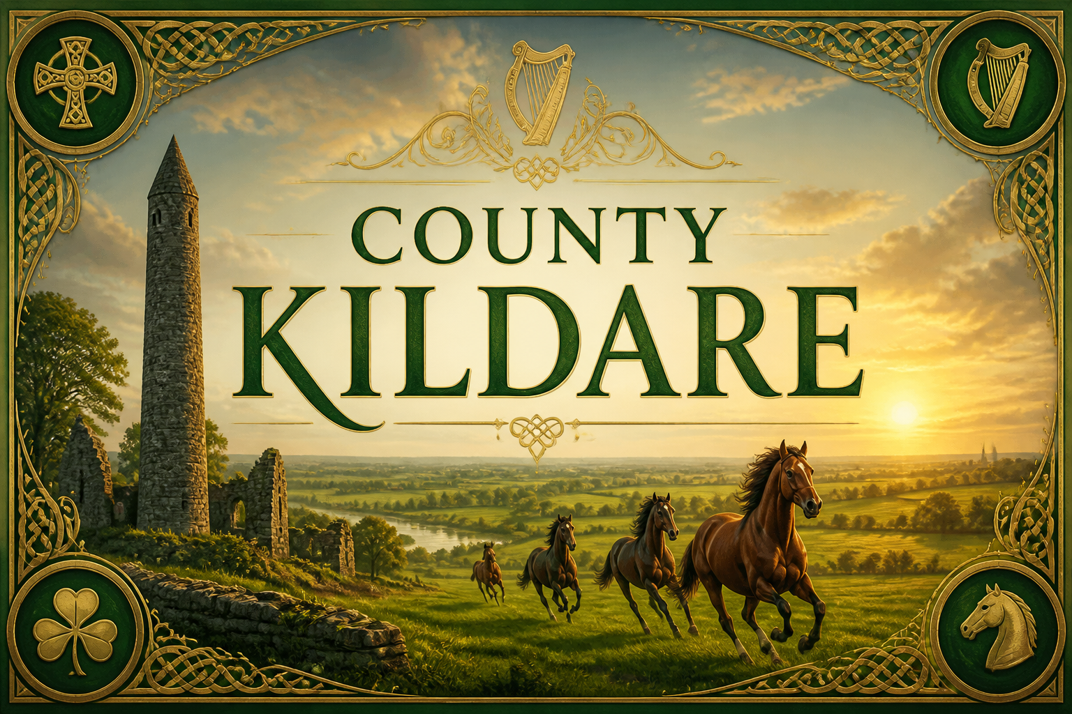Thoroughbred horses galloping across the Curragh plains with round tower and abbey ruins at golden sunset, County Kildare, Ireland — Celtic Ancestry Gifts
