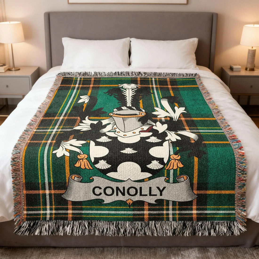 Conolly Irish woven throw blanket featuring the Conolly family crest on the Irish national tartan