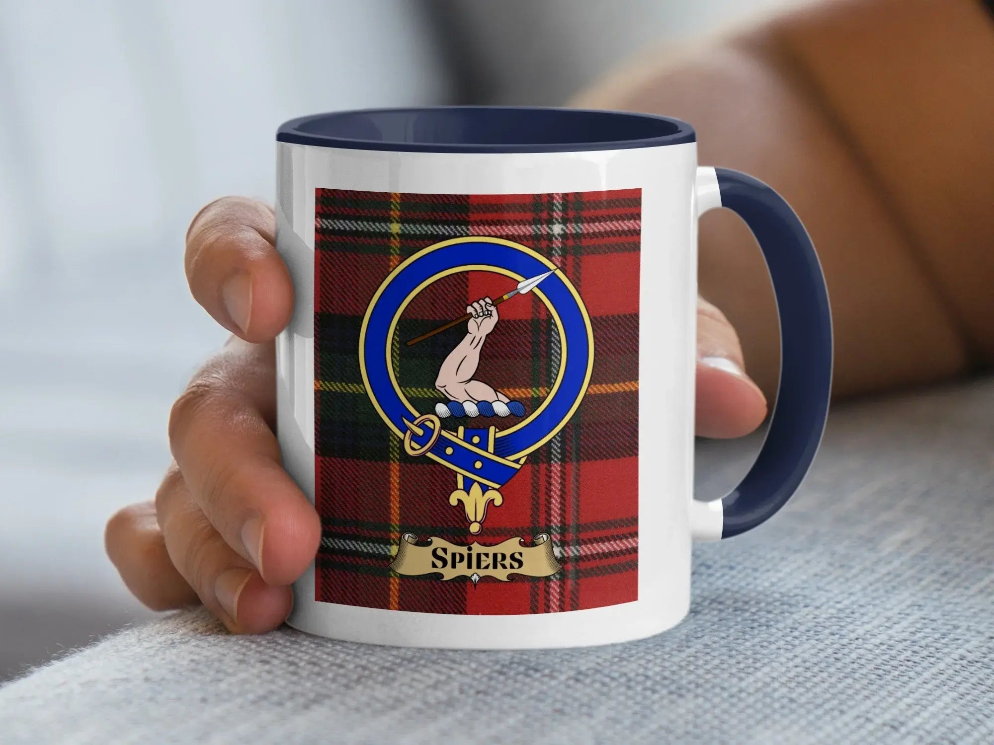 Spiers surname crest mug with the family crest on a tartan background, a Scottish heritage gift for the Spiers and Speirs spellings