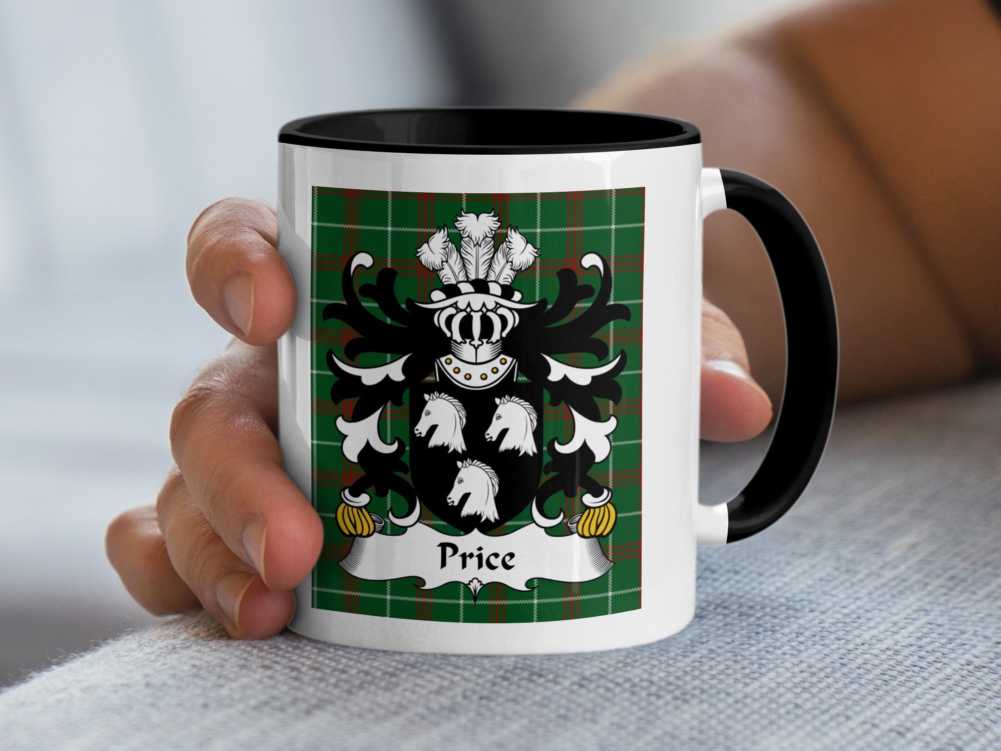 Price Welsh Coat of Arms Accent Mug with black rim and family crest on Welsh National Tartan – family heritage gift