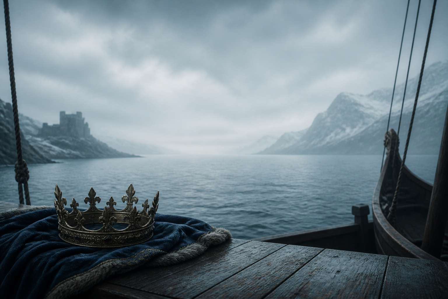 A crown aboard a ship on a cold northern sea, symbolising the Maid of Norway in 1290.