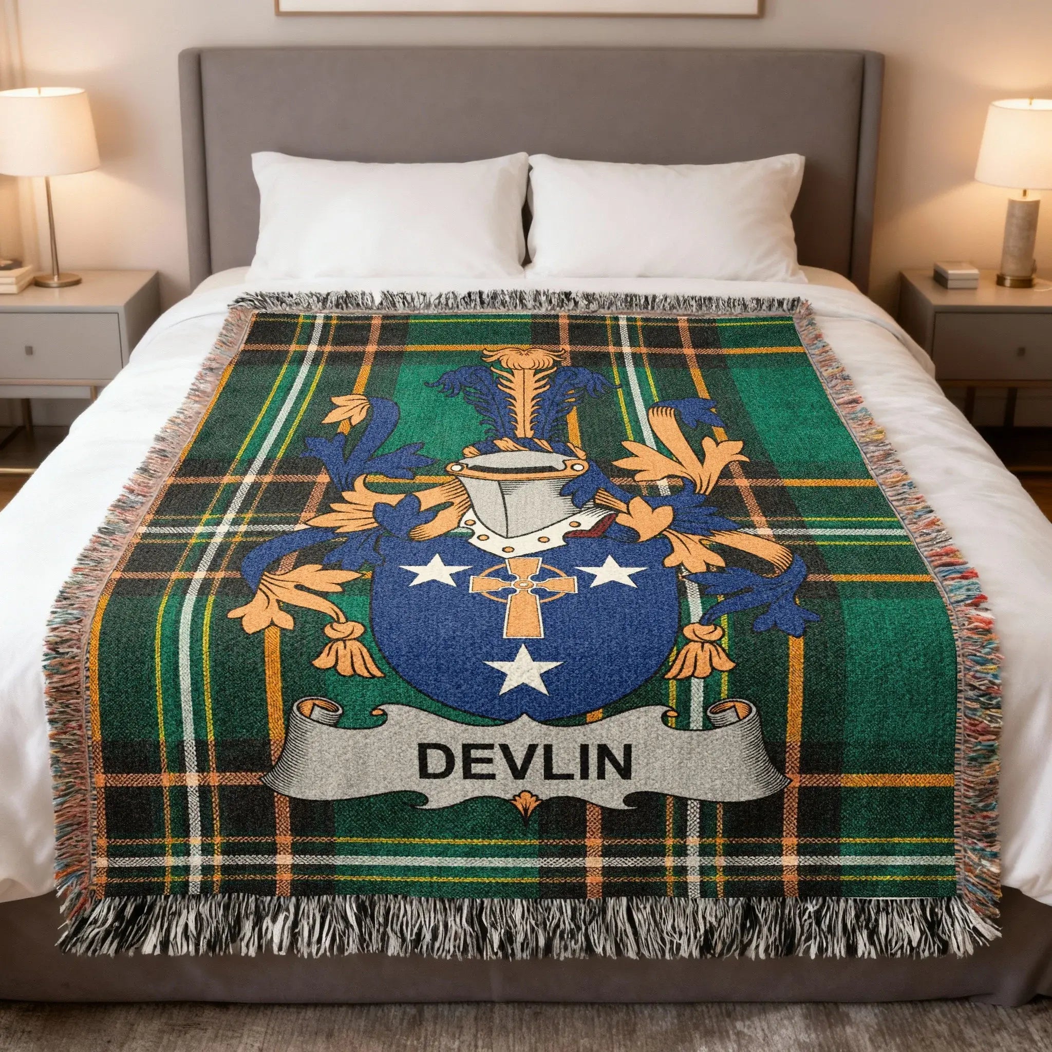 Devlin Irish heritage woven blanket — celebrating the history, origins, and Gaelic roots of the Devlin family of County Tyrone and Ulster