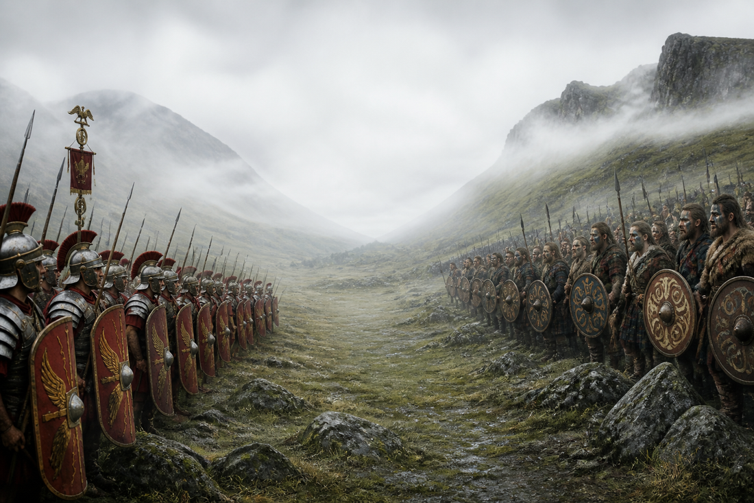 Caledonian warriors facing a Roman army at the Battle of Mons Graupius, around AD 83.