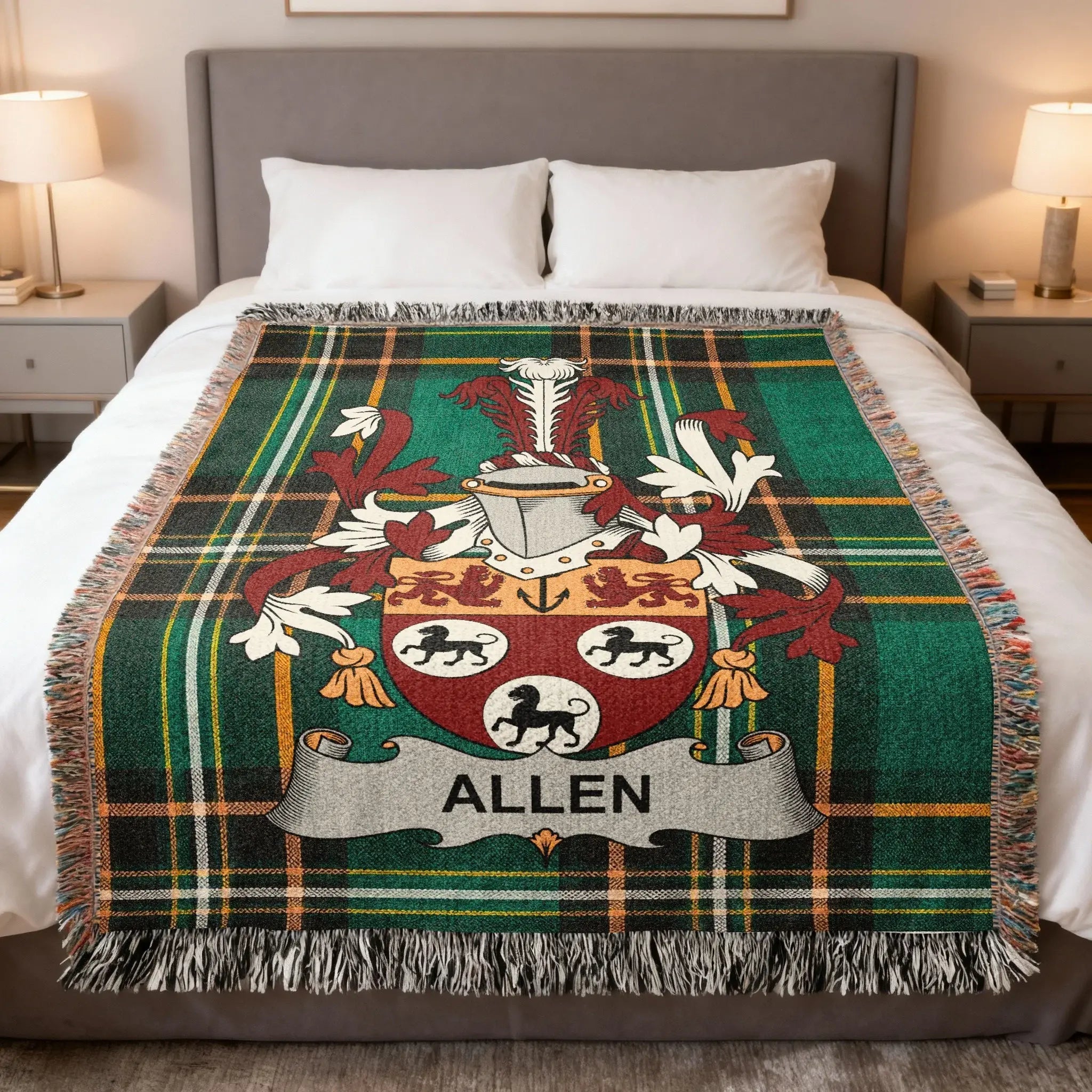 Allen family crest tartan woven blanket, a heritage gift for the Allan and Allen families