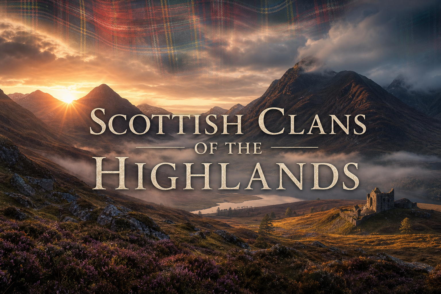 Scottish Highlands landscape representing historic Highland clans, glens, castles, tartans, and Scottish clan heritage