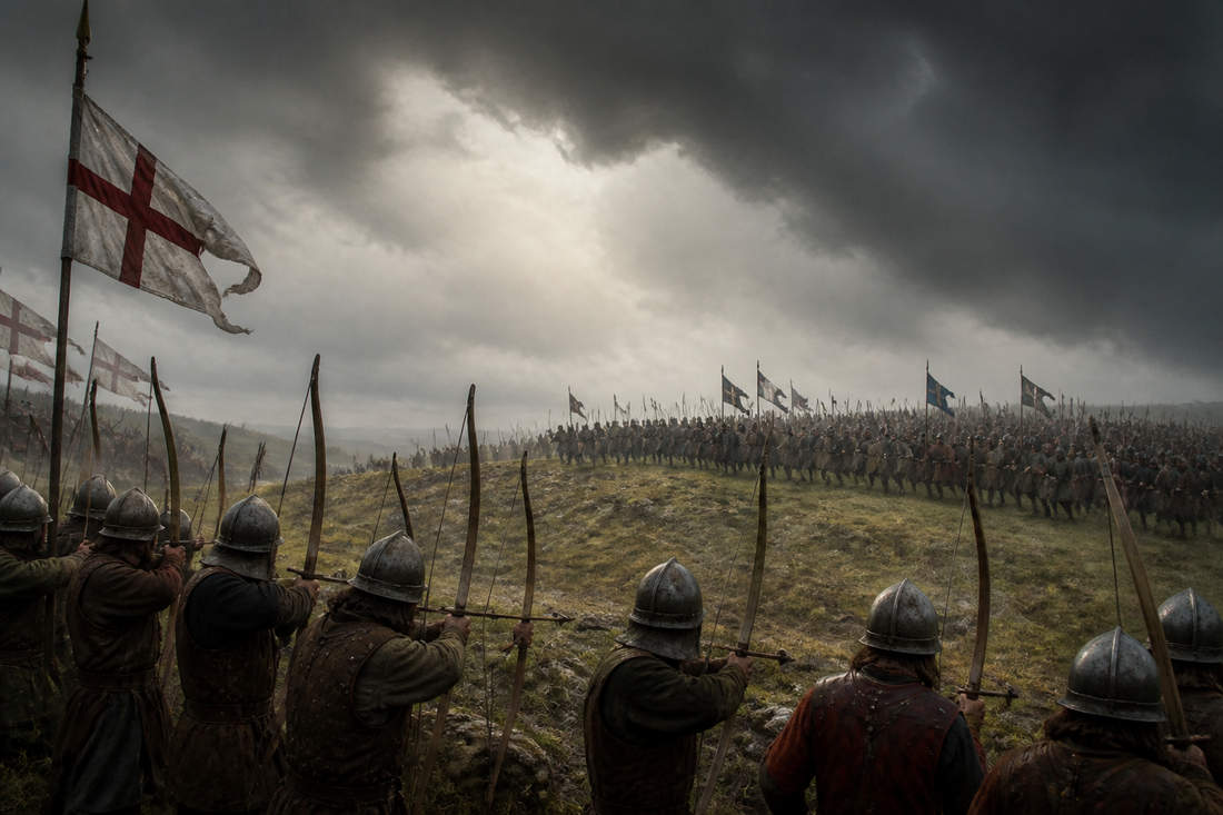 English soldiers and longbowmen on a hill at the Battle of Halidon Hill in 1333.