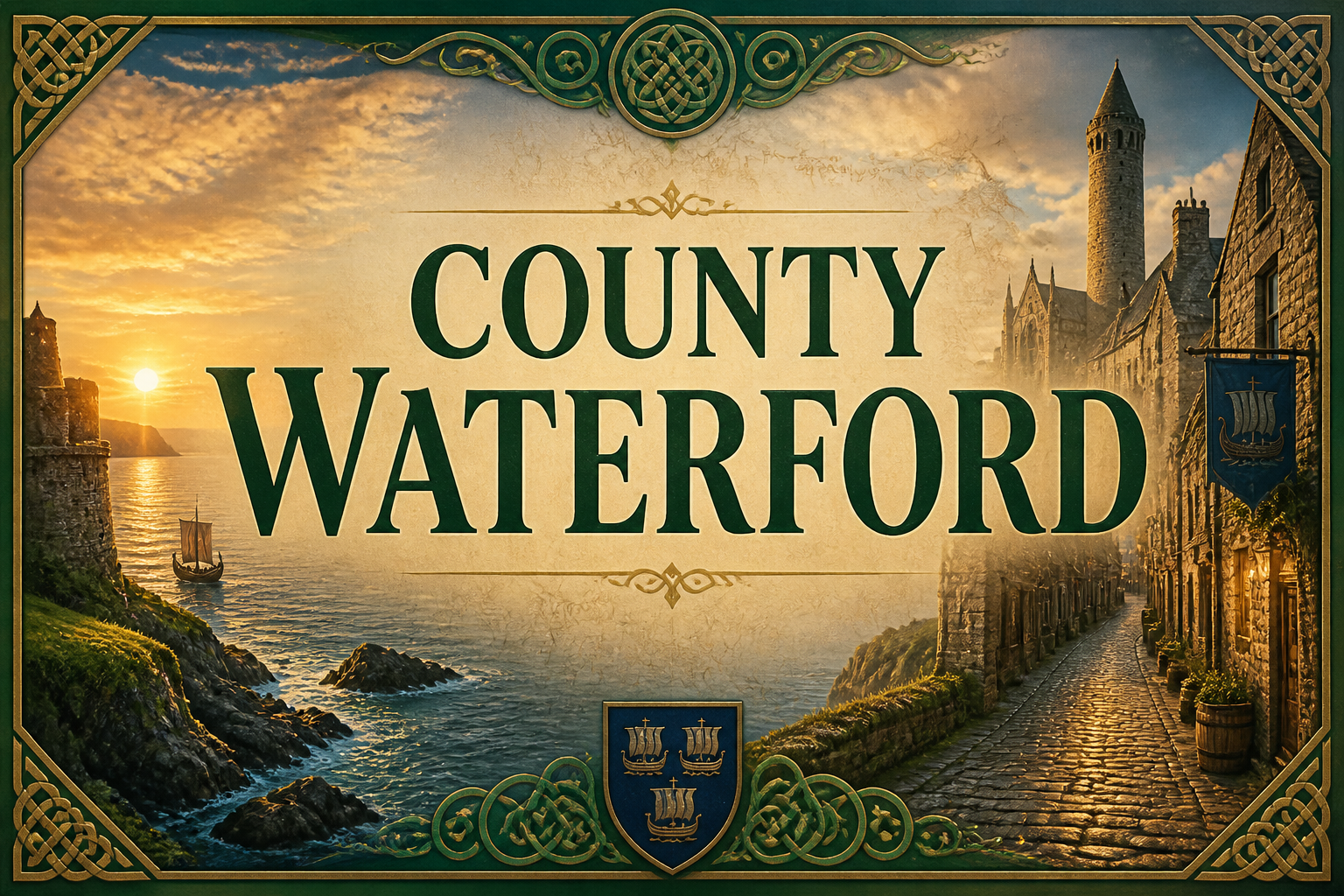 Medieval round tower and Viking-era waterfront at sunset with sailing vessel, County Waterford, Ireland — Celtic Ancestry Gifts