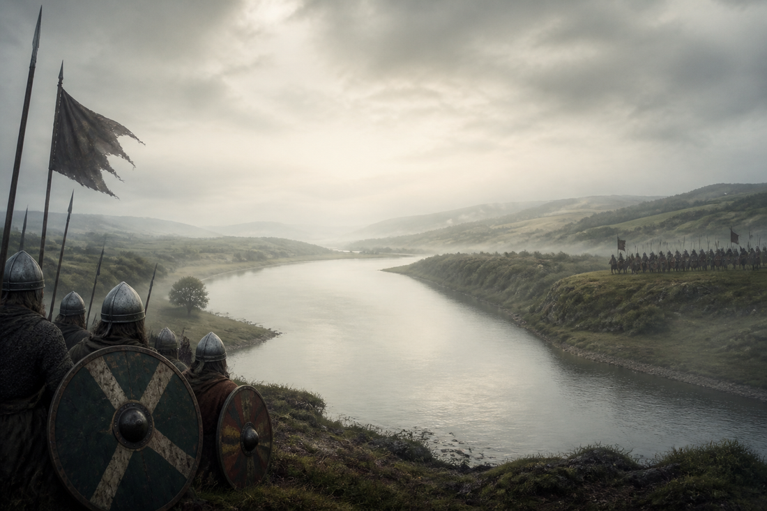 Medieval warriors beside a river, evoking the Battle of Carham on the Tweed in 1018.