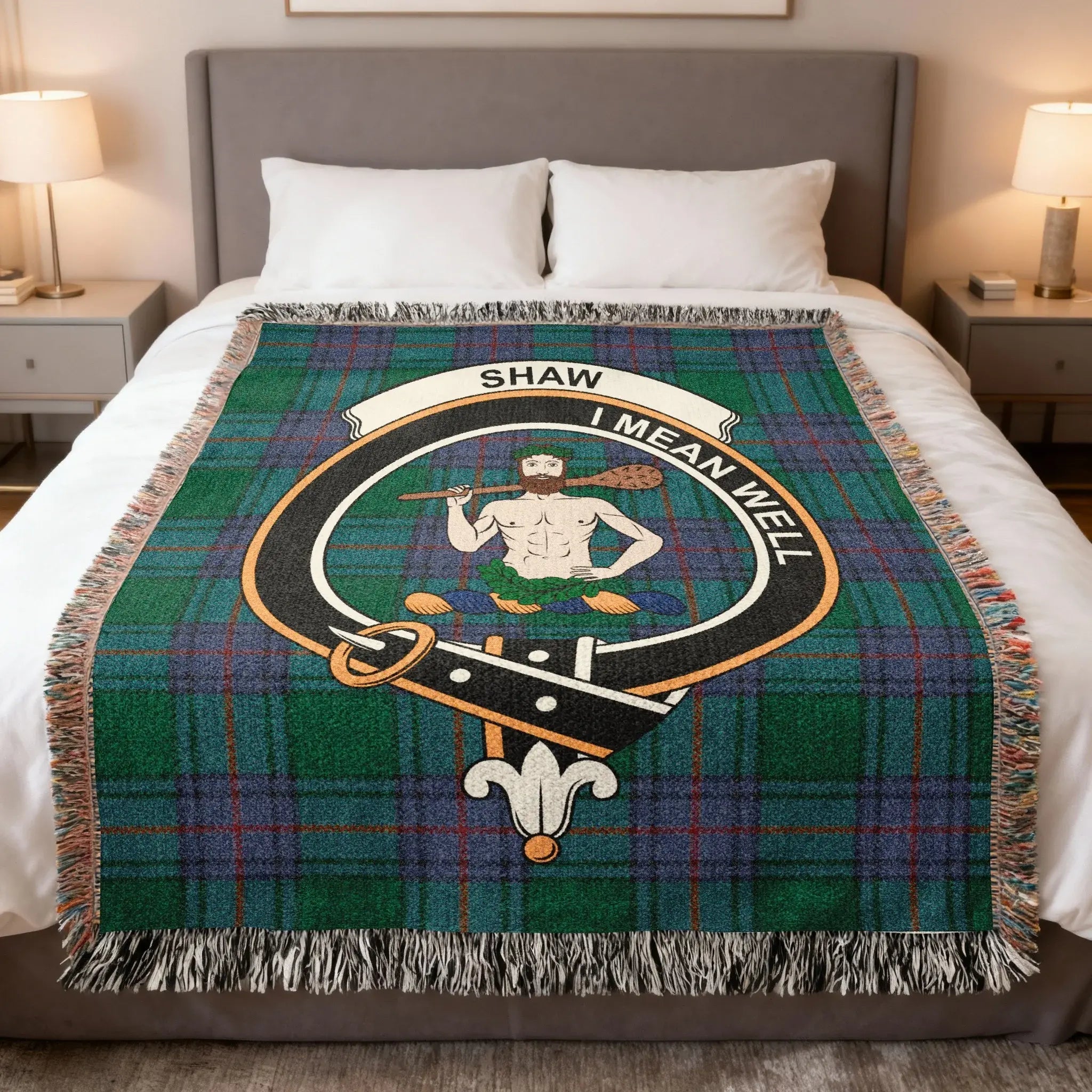 Shaw Clan tartan woven blanket — a gift celebrating the history, motto, and origins of Shaw of Sauchie, a Clackmannanshire family of royal service and enduring Scottish heritage.