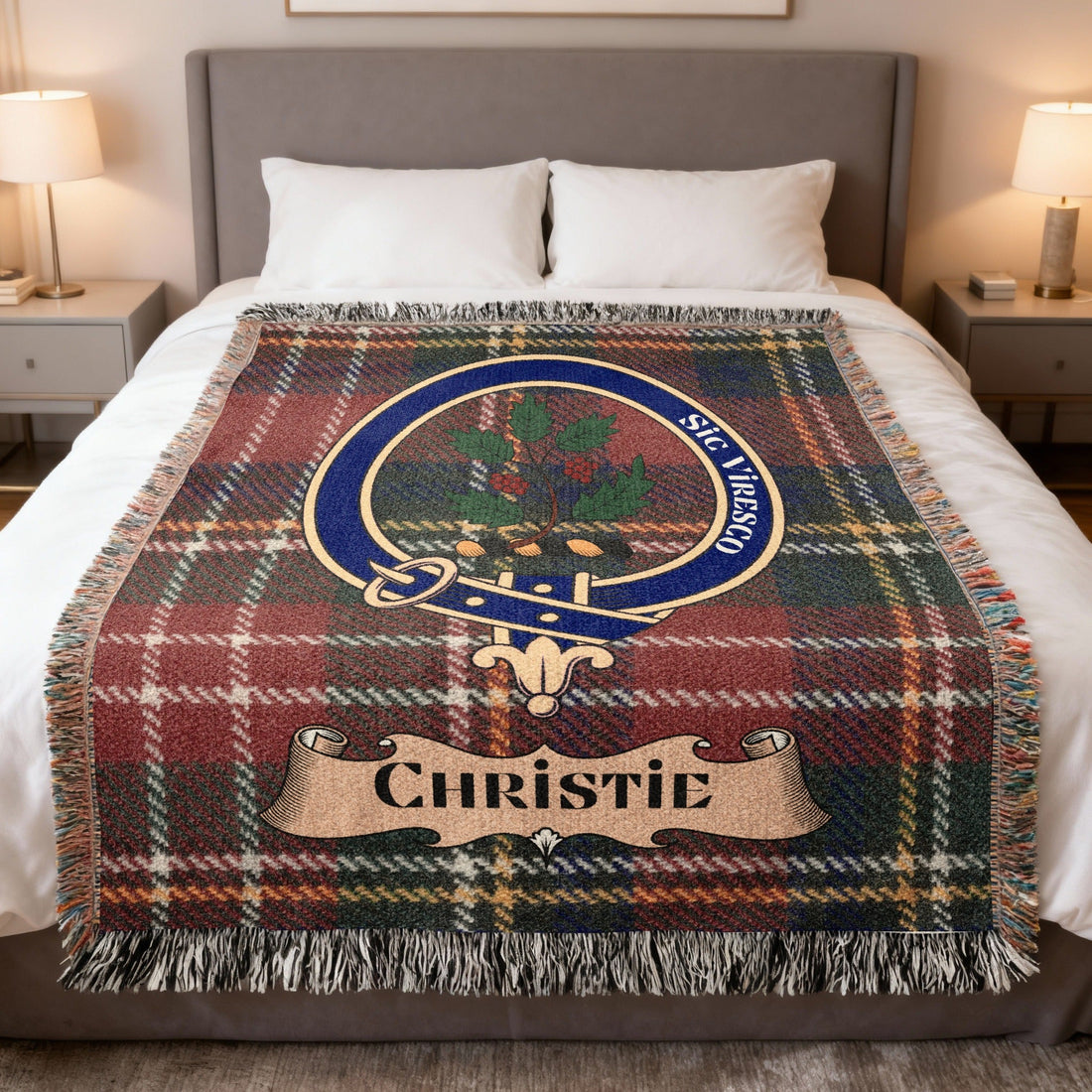 Christie clan tartan woven blanket with crest — a keepsake of Christie family history and Scottish heritage