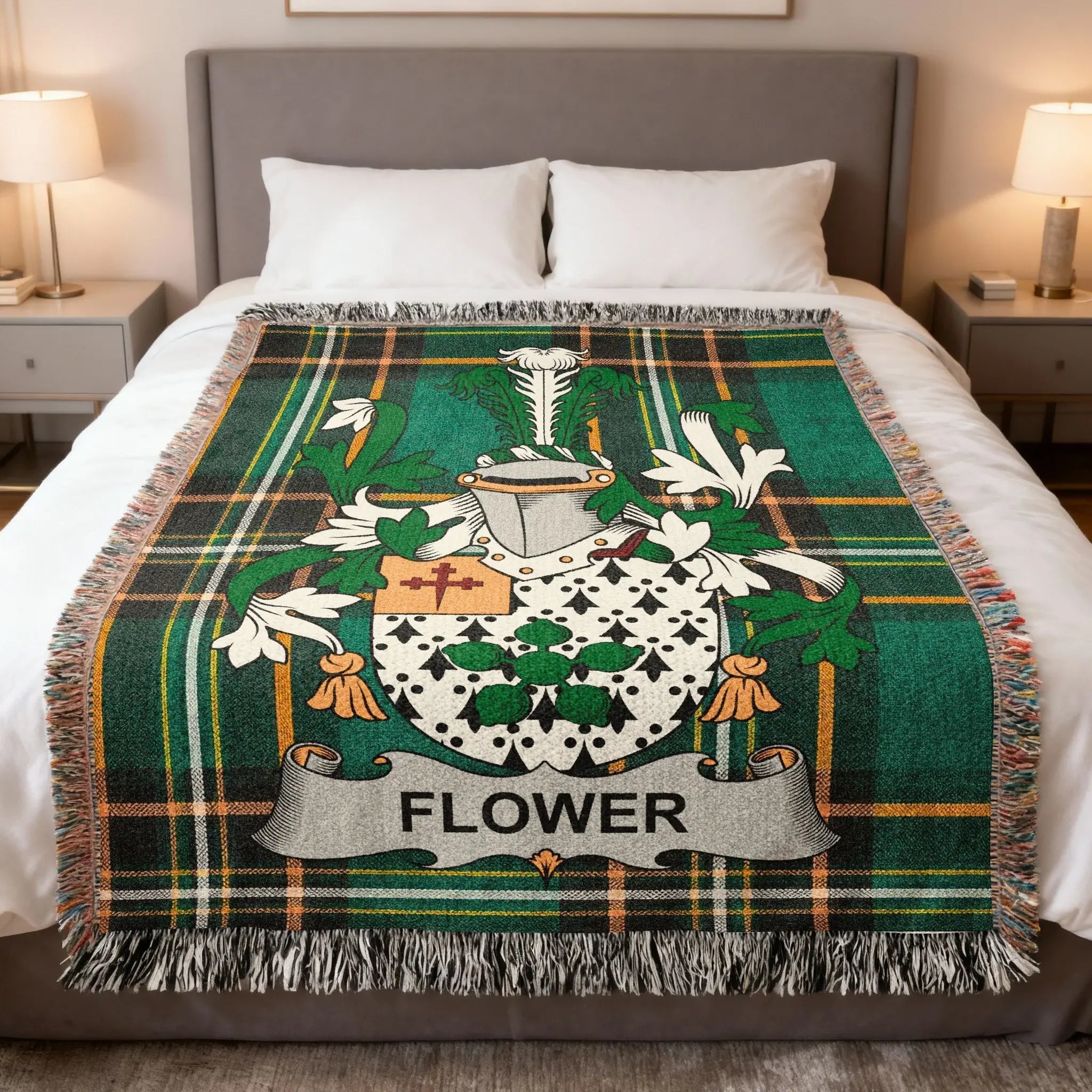 Flower Irish woven cotton blanket with family crest on Irish National Tartan