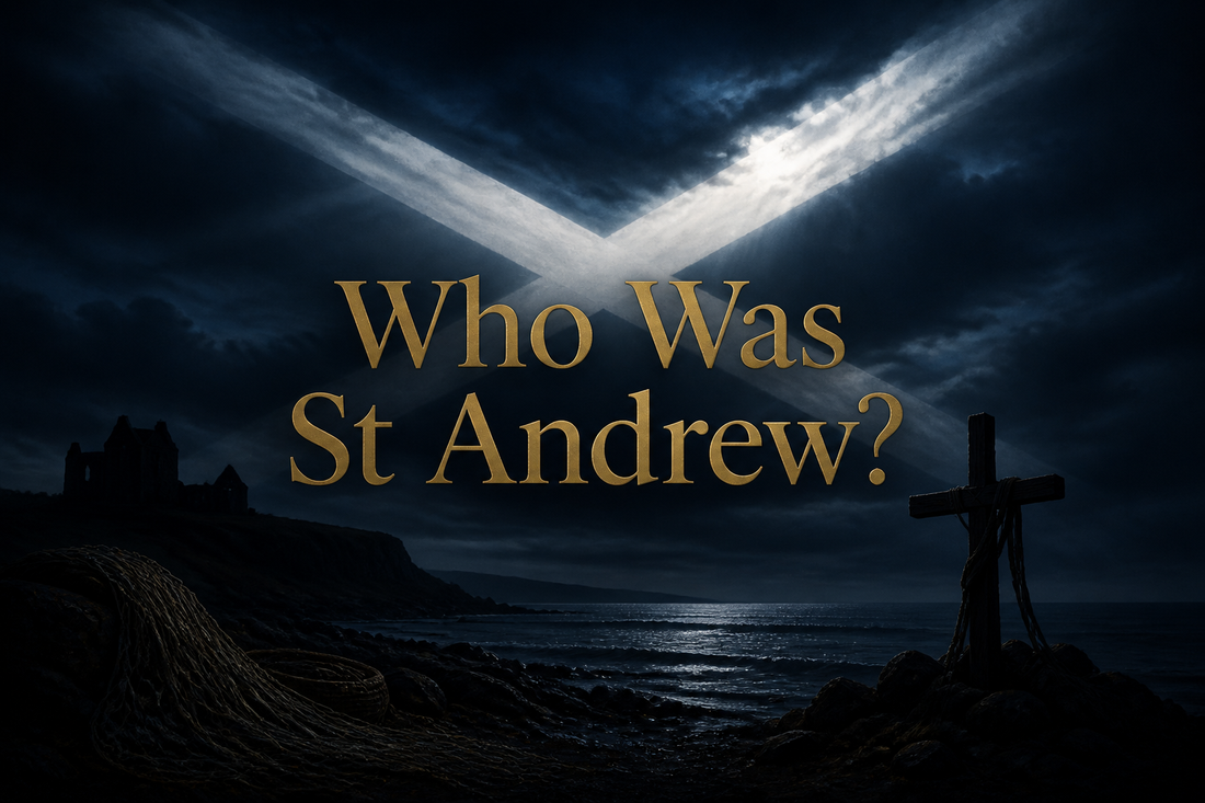 White diagonal saltire of light across a dark sea and sky above a shore with a fishing net and cross, patron saint St Andrew