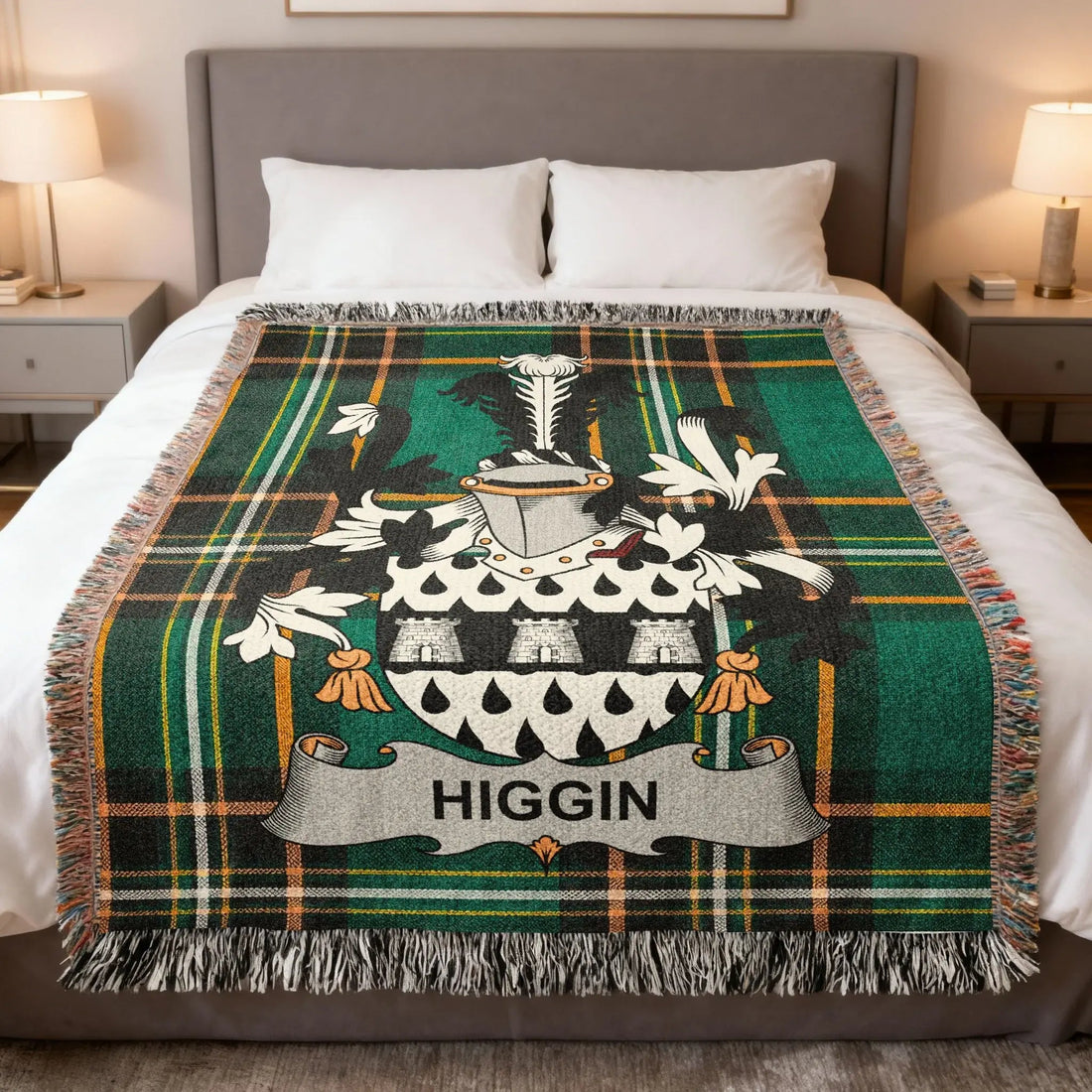 Higgin surname Irish heritage woven blanket with family crest on Irish national tartan