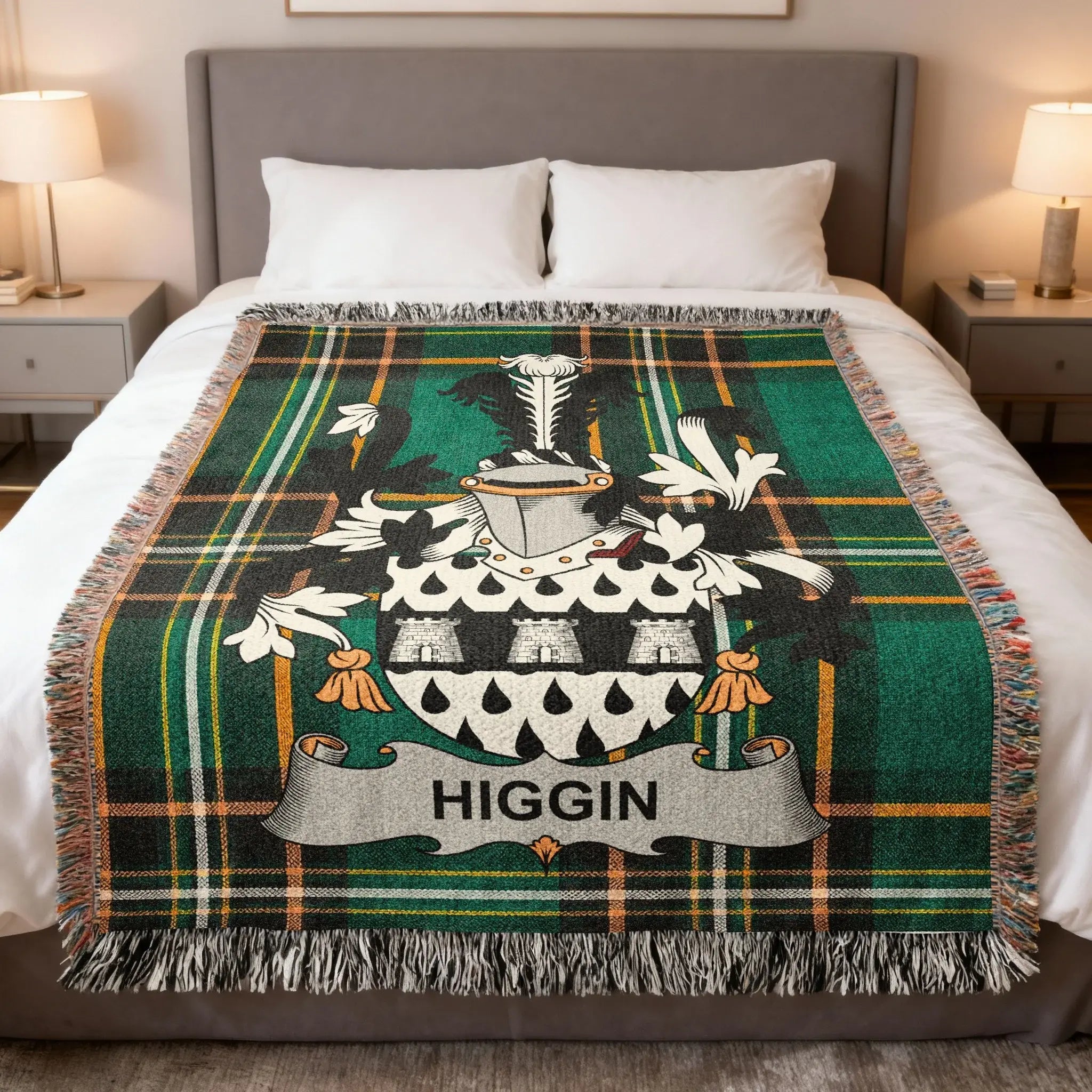 Higgin surname Irish heritage woven blanket with family crest on Irish national tartan
