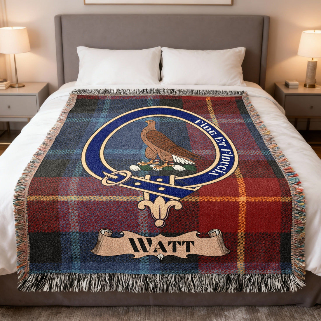 Watt clan tartan woven blanket with crest — a keepsake of Watt family history and Scottish heritage