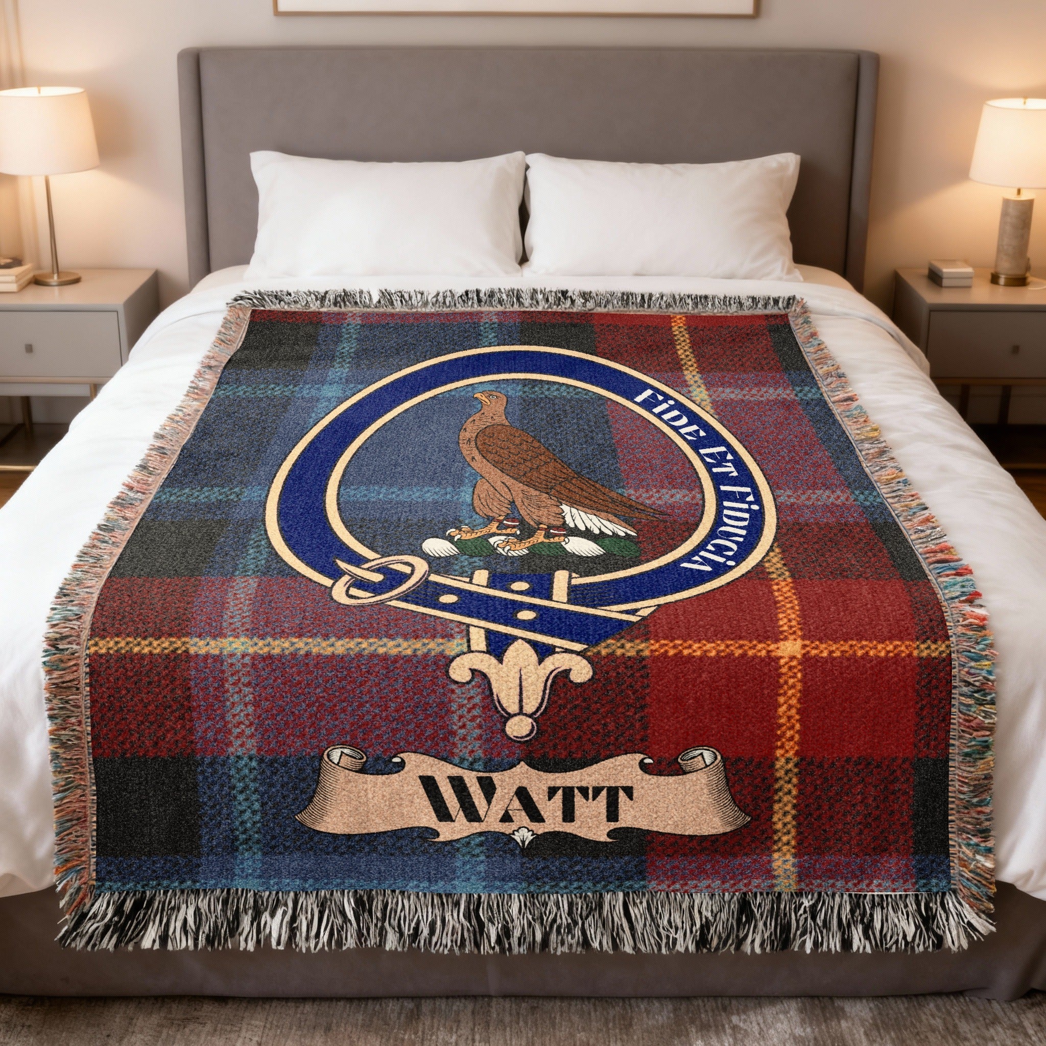 Watt clan tartan woven blanket with crest — a keepsake of Watt family history and Scottish heritage