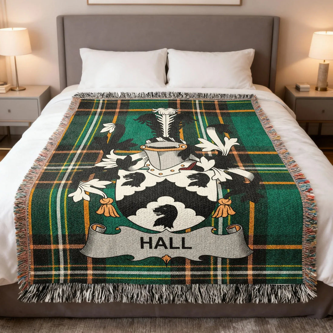 Hall Irish heritage woven blanket featuring a decorative family-name emblem