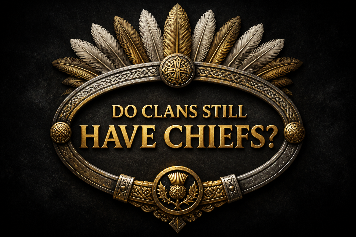 A chief's circlet with feathers of rank and a thistle in silver and gold on dark stone, asking if clans still have chiefs