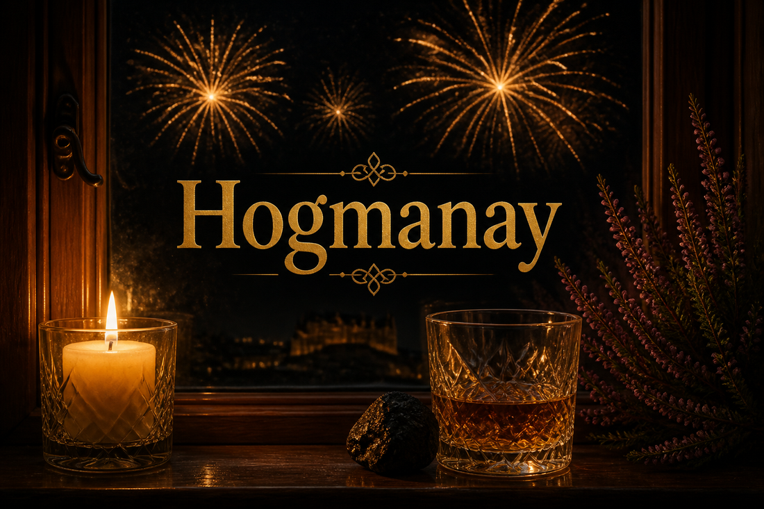 Candle and a dram of whisky on a windowsill with golden fireworks in the night sky beyond, warm festive scene of Scottish Hogmanay